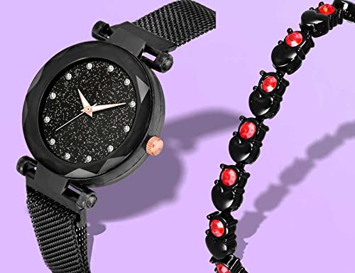 R1O Analog Diamond Studded Magnetic Watch for Women & Girls - Super Dial with Heart Bracelet Gift - Elegant & Stylish Timepiece for Daily Wear, Parties & Special Occasions (Cosmic)