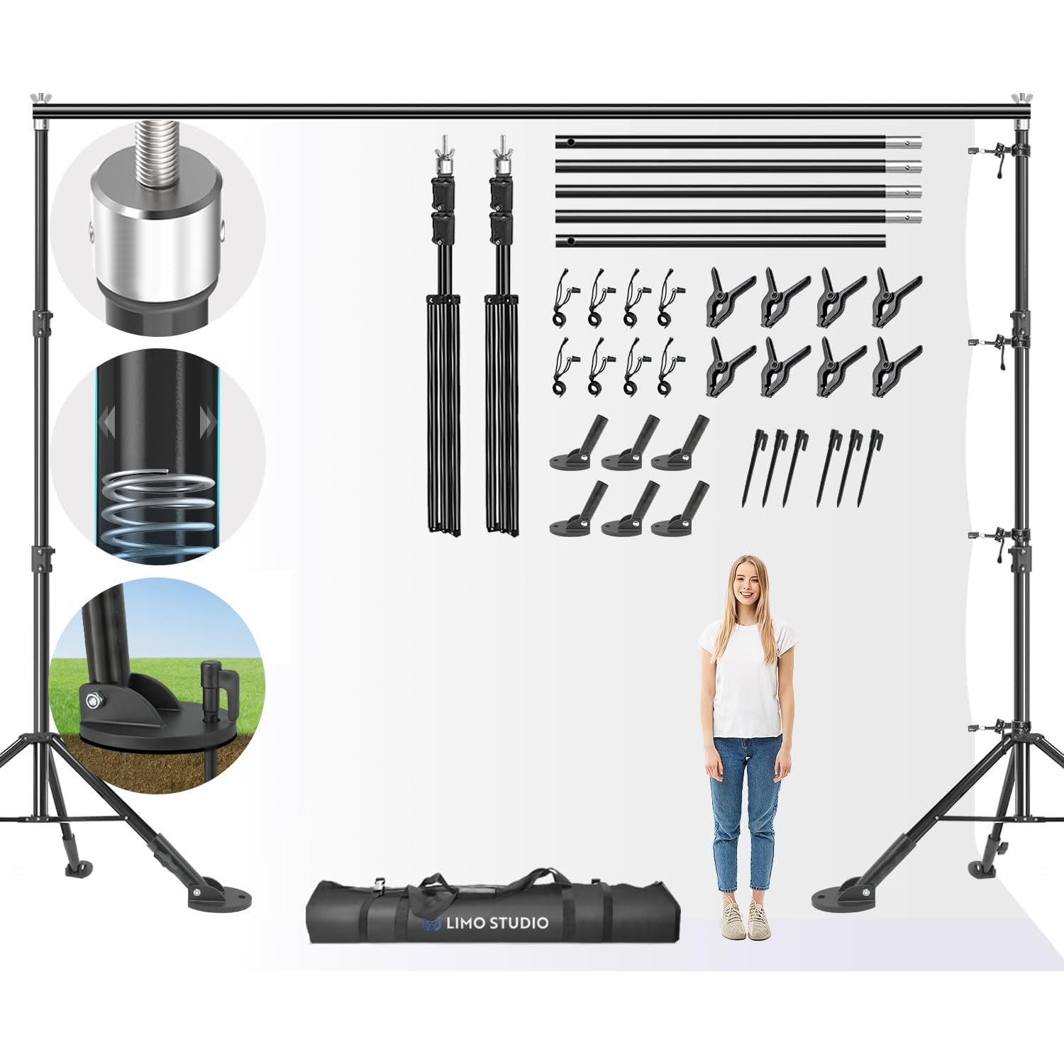 LimoStudio Heavy Duty 12.6x10.4ft Photography Backdrop Stand - Upgraded Thick Steel Poles, Shockproof Spring Tripod, No Bending, Ground Shoe Mount for Outdoor Studio, Portrait, Wedding, and Event Photography (Model AGG1111) - Perfect for Professional Photographers, Content Creators, and Live Streaming