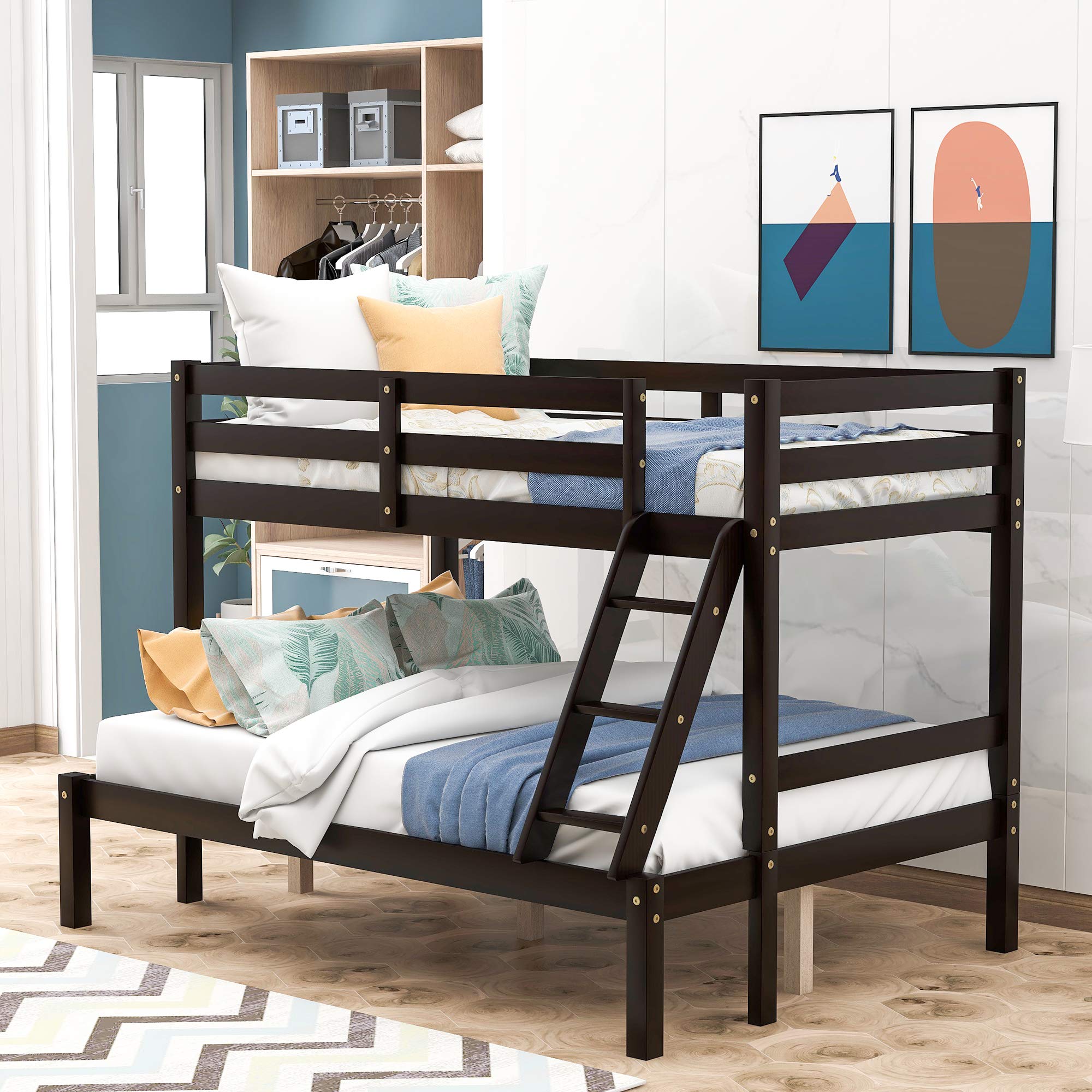 Harper & Bright Designs Twin Over Full Bunk Bed - Solid Hardwood Kids Bunk Bed with Ladder & Safety Rail - Sturdy Wooden Bunk Beds for Bedroom, Dorm, Guest Room - Espresso Finish - Perfect for Siblings Sharing Rooms or Sleepovers
