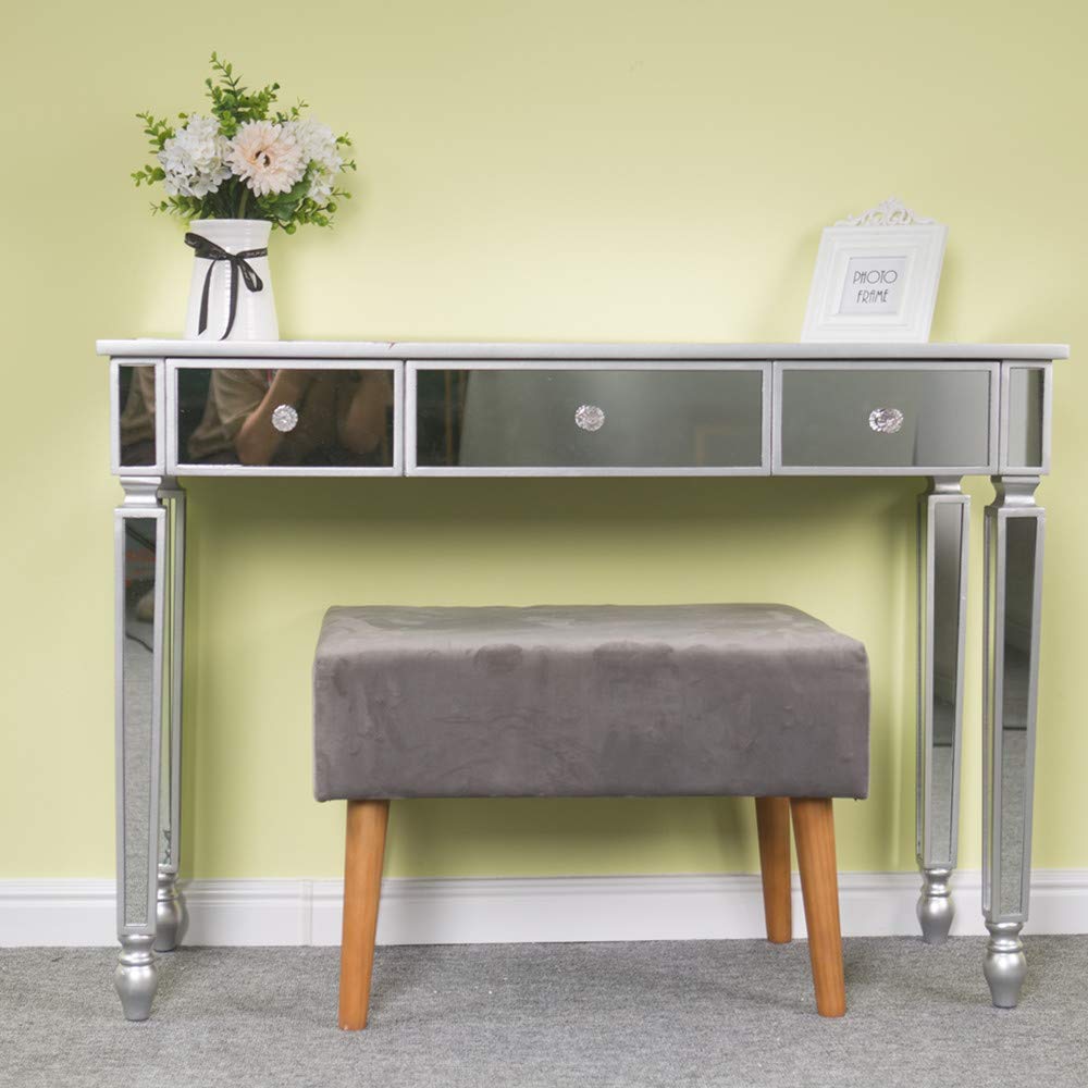 Modern Silver SSLine Mirrored Console Table - Makeup Vanity Dressing Table with 3 Drawers, Sofa Side Table & Media Desk for Bedroom, Entryway, Home Office & Hallway Decor