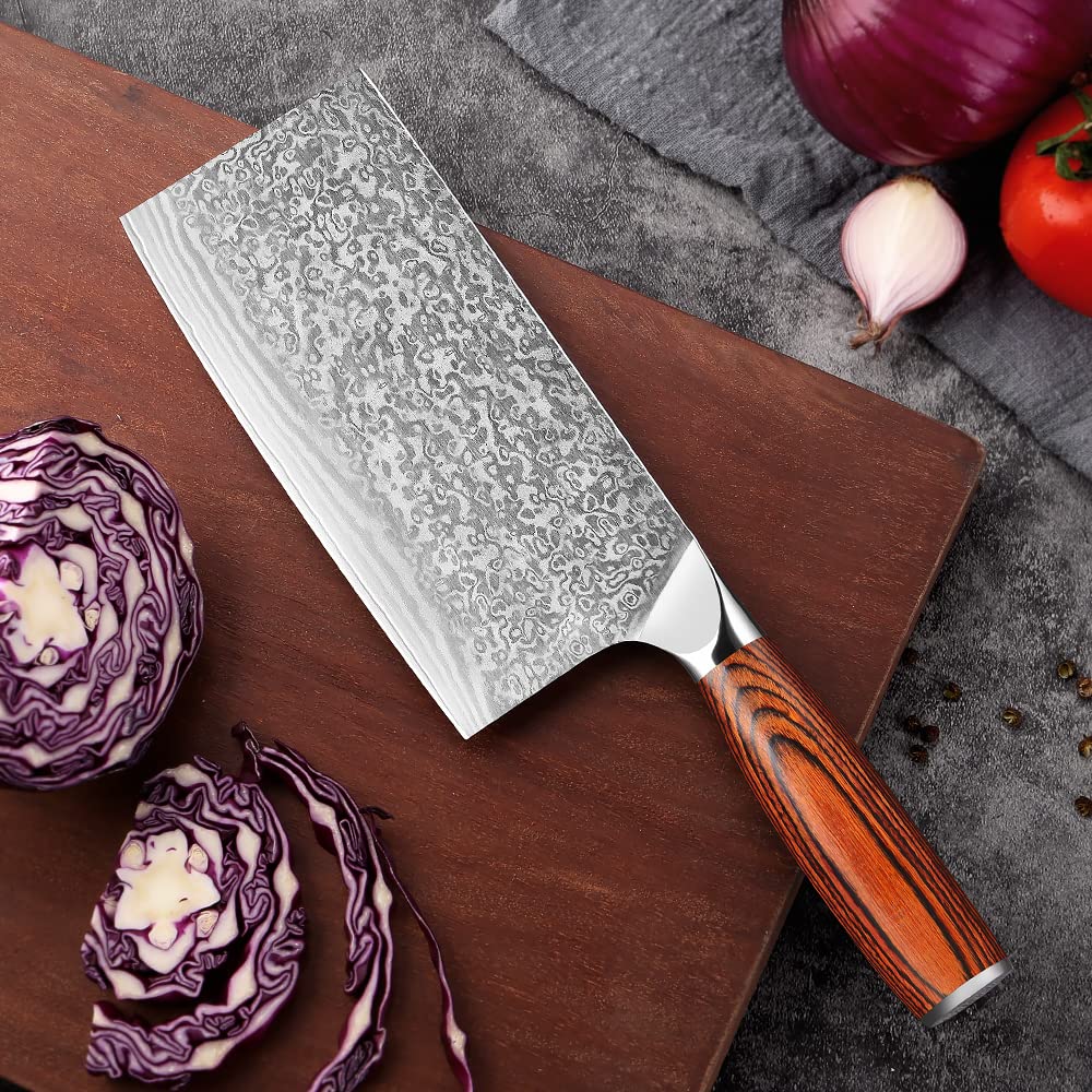 Premium 7-inch Chinese Chef Knife - Damascus Stainless Steel Meat Cleaver & Vegetable Chopper for Professional Cooking | Heavy Duty Kitchen Knife for Slicing, Dicing & Food Prep (DM220613R10Y)