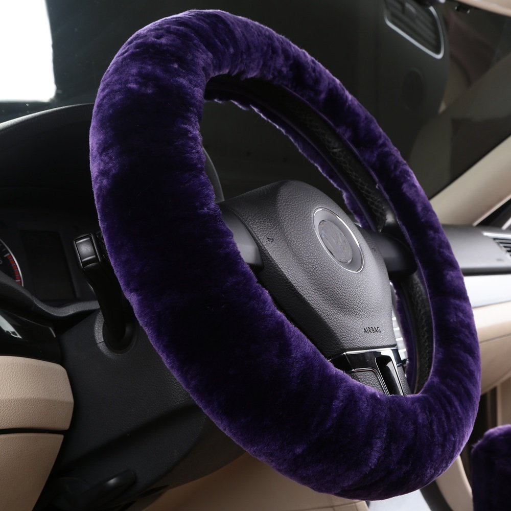 Dotesy 3-Piece Genuine Sheepskin Steering Wheel Cover Set with Gear Shift & Handbrake Cover - Universal 15 Inch Furry Car Protector - Pure Australian Wool (Purple) - Perfect for Winter Driving & Luxury Car Interior Upgrade
