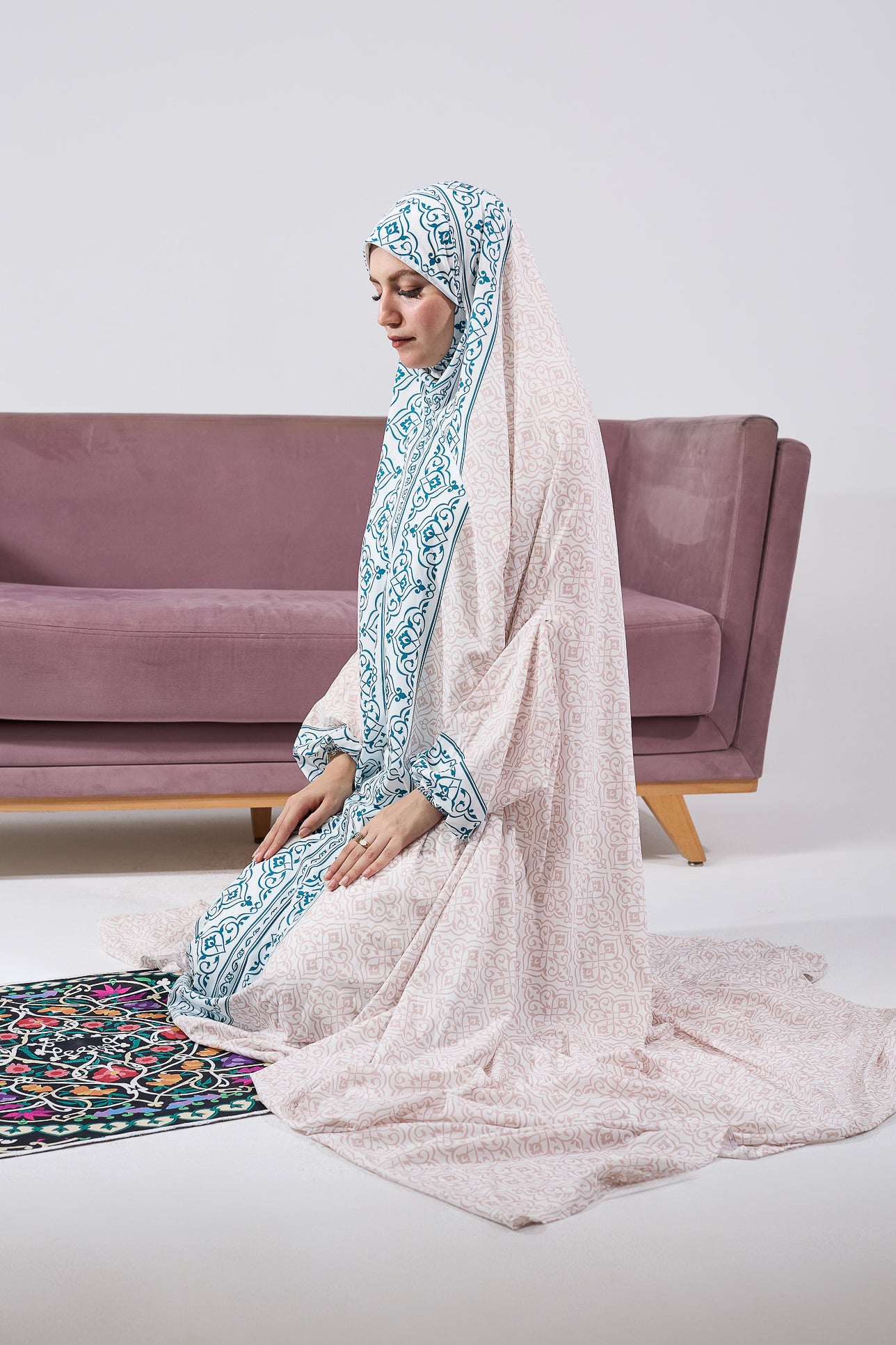 Elegant Nahlah Satin Prayer Gown with Blue Moroccan Print & Elastic Cuffs - Perfect for Muslim Women's Home Worship & Special Occasions