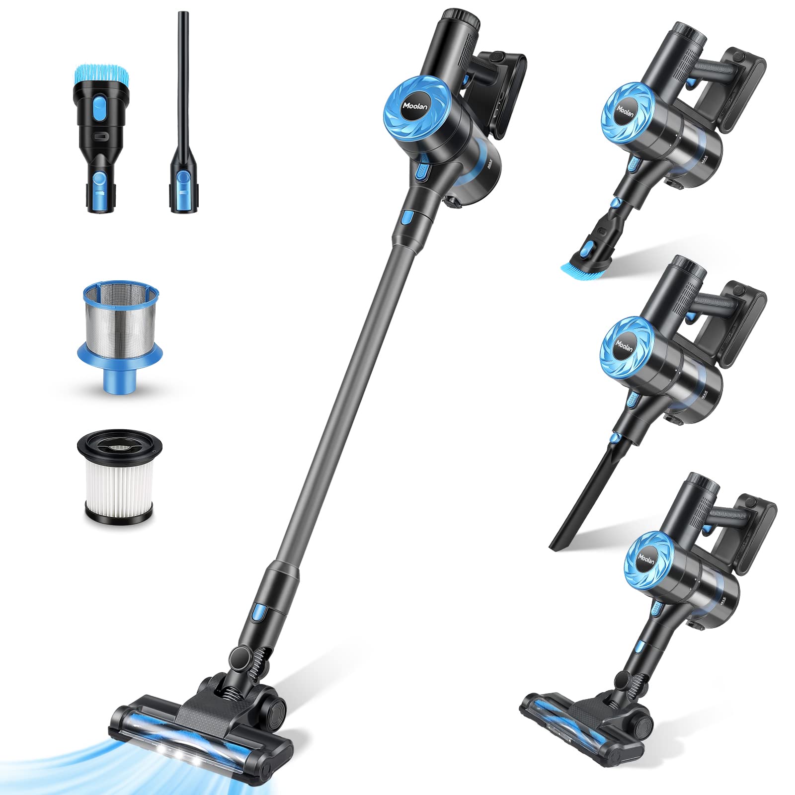 Moolan 6-in-1 Cordless Stick Vacuum Cleaner - 23KPa Powerful Suction, 45min Runtime, LED Headlights - Lightweight for Hardwood Floors, Carpets & Pet Hair - Perfect for Home Cleaning & Pet Owners
