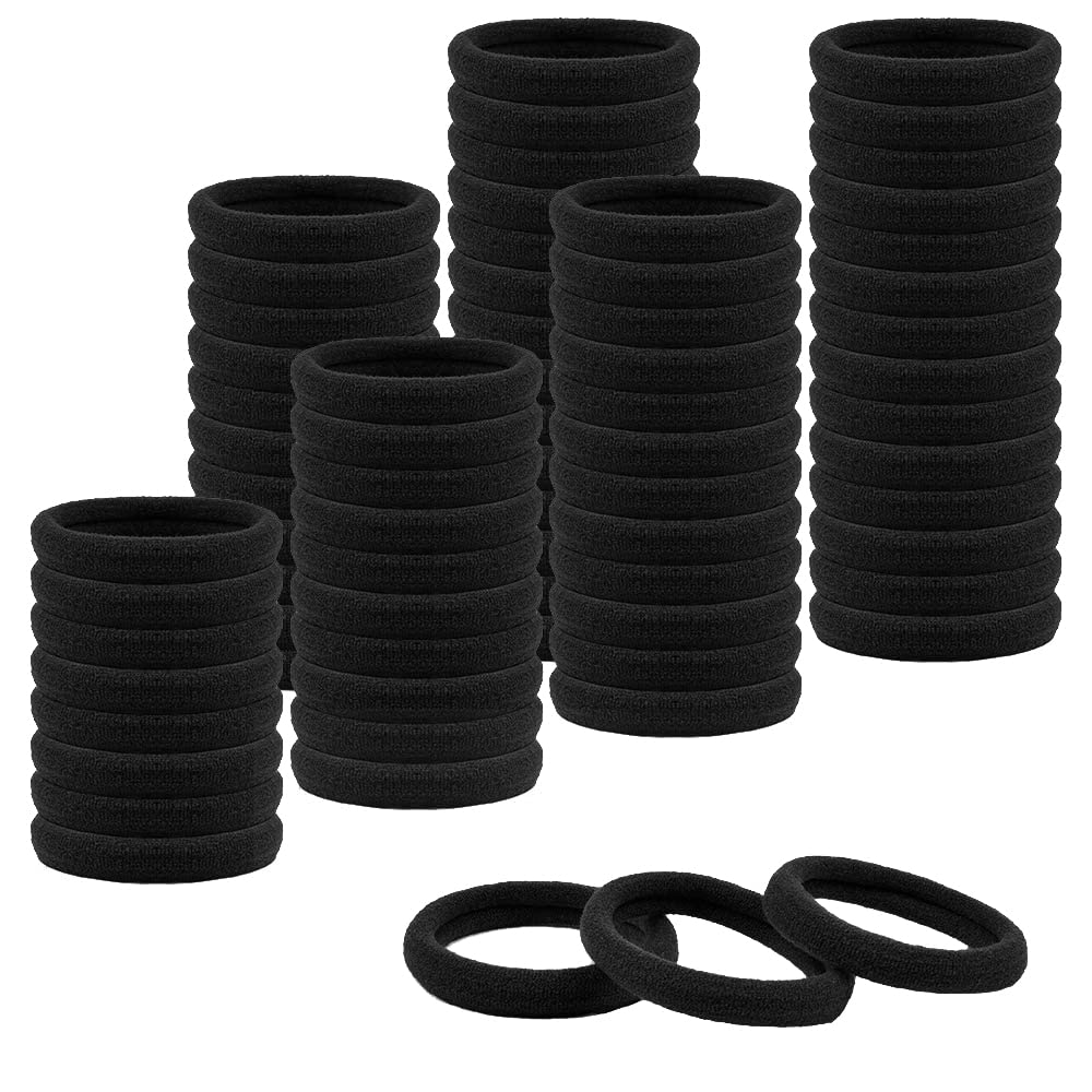 MYYNTI 100pcs Black Hair Ties - Seamless Cotton Thick Elastic Hair Bands for Women & Girls - No Damage Ponytail Holders for Workout, Yoga, School & Daily Use