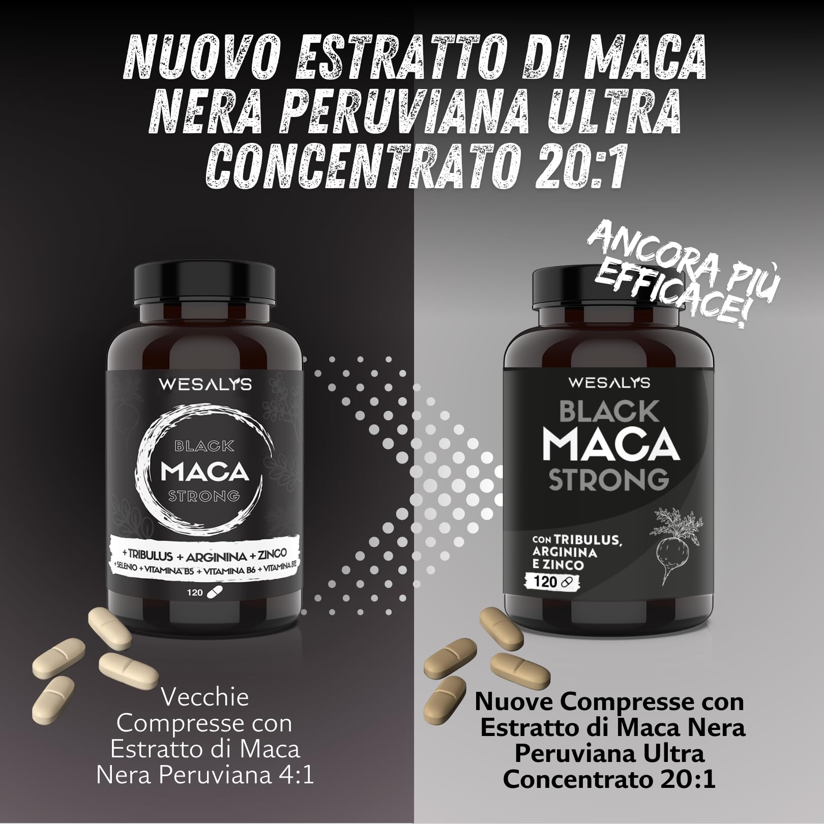 Premium Black Maca Peruvian + Tribulus Terrestris + L-Arginine + Zinc | High Potency Supplement | Made in Italy | Muscle Mass Gainer | Natural Energy Booster | by Wesalys | for Bodybuilding, Workout Performance & Vitality