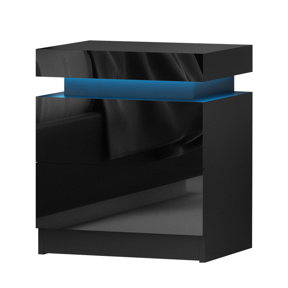 Modern RGB LED Nightstand with Drawers - High Gloss Black Bedside Table for Bedroom, Living Room & Office - Adjustable Lighting for Gaming Setup & Home Decor