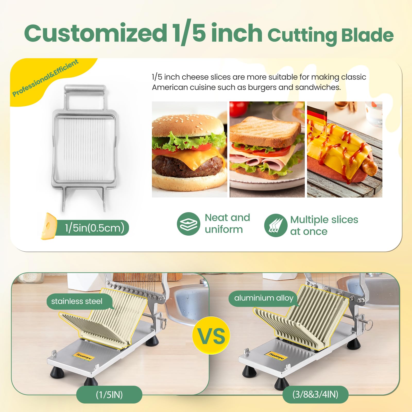 Huanyu Commercial Cheese Slicer with 316 Stainless Steel Wire & Aluminum Alloy Body - Removable 1/5 Inch Butter Cutting Blade for Block Cheeses - Perfect for Delis, Restaurants, and Home Kitchens