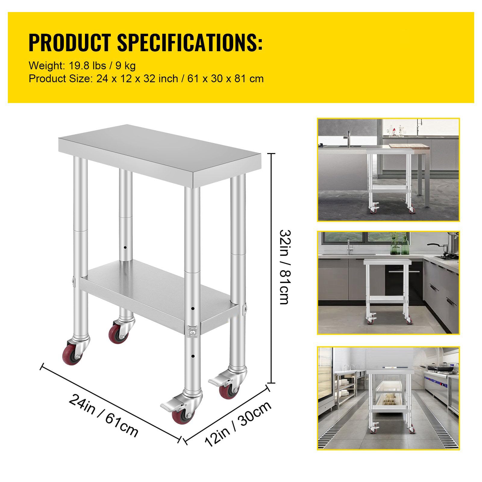 Heavy Duty Stainless Steel Work Table with Locking Wheels - 24 x 12 x 32 Inch Commercial Grade Kitchen Prep Table - Perfect for Restaurant, Bakery, Food Truck & Home Kitchen Use