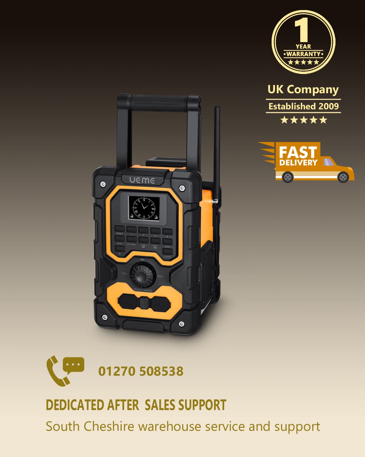 UEME 16W Jobsite DAB/DAB+ FM Radio - Rugged Construction Bluetooth Radio with Rechargeable Battery, AUX Input & USB Charging | Perfect for Builders, Contractors & Outdoor Work Sites | Includes Mains Adaptor