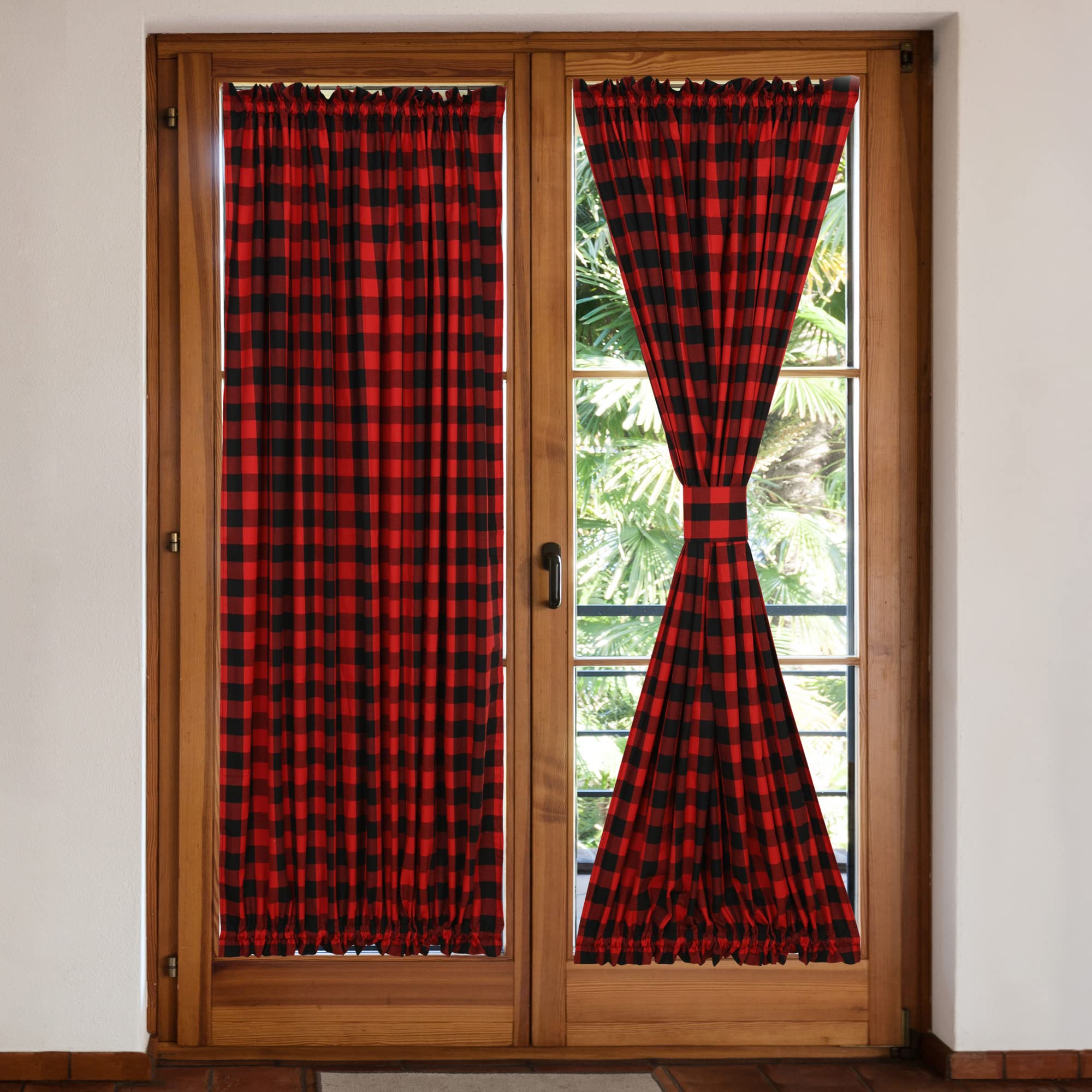 2 Pcs Buffalo Grid French Door Curtains 72 Inch Long - Red and Black Rod Pocket Window Treatments for Front/Back Glass Doors with Bonus Tiebacks - Perfect for Living Room, Bedroom & Patio Privacy