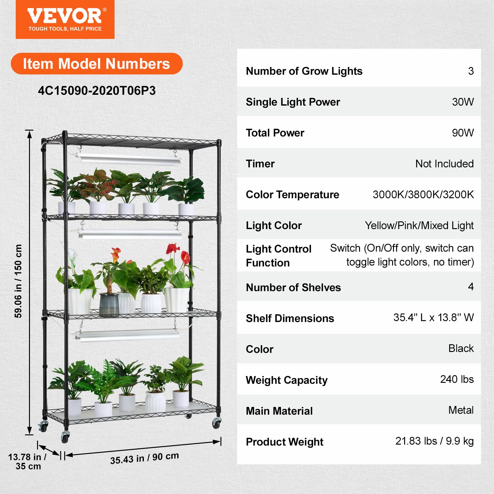 VEVOR 4 Tier Metal Plant Stand with 90W Full Spectrum Grow Light - Adjustable Indoor Plant Shelf with 3 Lighting Modes for Seed Starting, Herbs & Houseplants - Perfect for Home, Office & Garden Plant Display