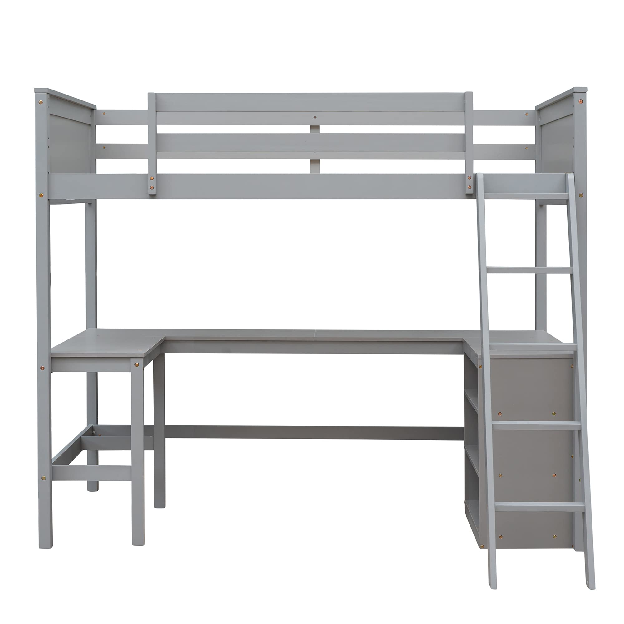 P PURLOVE Twin Loft Bed Frame with Shelves & Desk - Sturdy Wood Loft Bed for Teens, Kids, Boys & Girls - Space-Saving Design with Angled Ladder - No Box Spring Needed (Gray) - Perfect for Small Bedrooms, Dorms & Studio Apartments