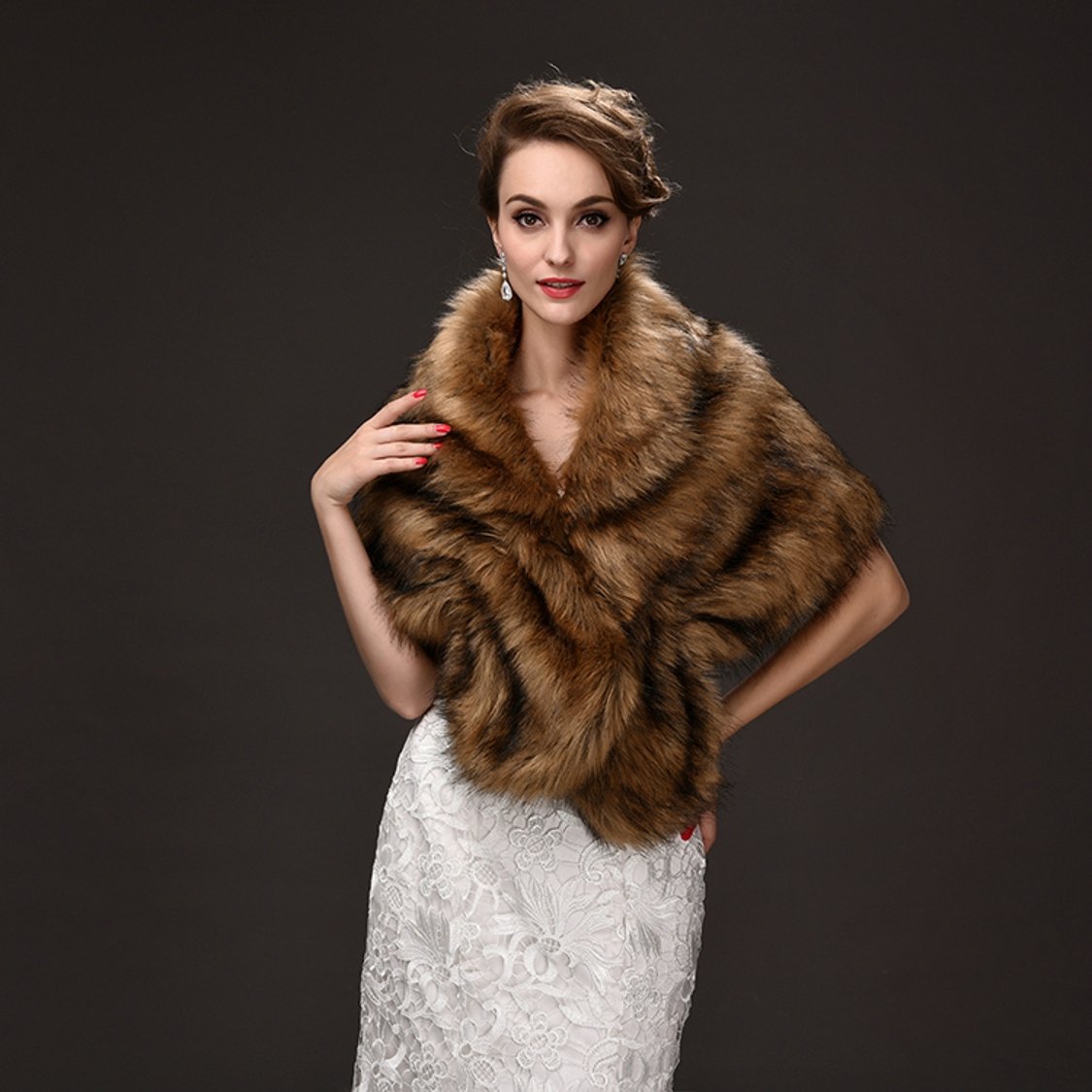 Elegant Brown Faux Fur Wedding Jacket Wrap Shawl - Bridal Party Evening Gown Cover for Winter Weddings, Formal Events & Special Occasions