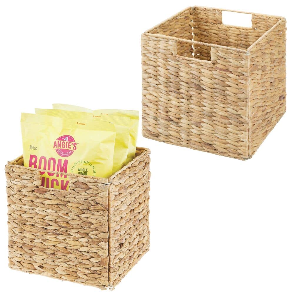 mDesign Woven Hyacinth Cube Storage Bin Basket Organizer with Handles - 2 Pack, Natural/Tan - Perfect for Kitchen Pantry, Cabinet, Cupboard, Shelf & Cubby Organization - Ideal for Storing Food, Drinks, Snacks & Small Appliances - Home & Office Storage Solution