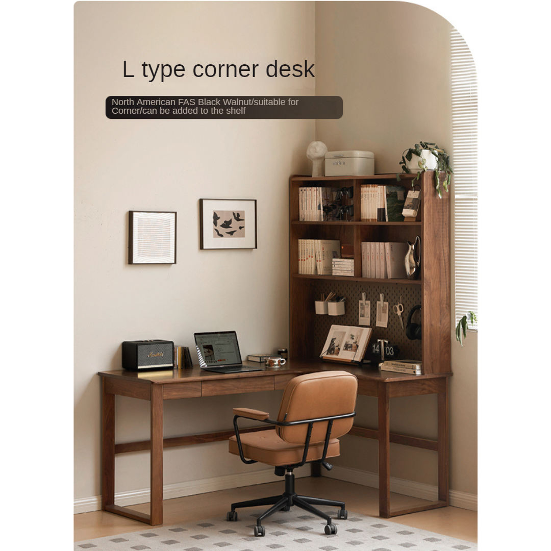 Solid Black Walnut & Oak Wood Corner Desk Bookshelf - Stylish Home Office Storage for Books, Decor & Essentials
