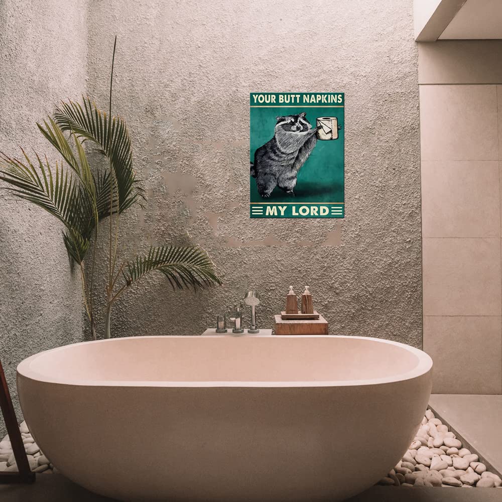 Funny Retro Raccoon Bathroom Wall Art - 'Your Butt Napkins My Lord' Canvas Print - 12x16 Inch Animal Decor for Home, Office & Gifts - Perfect for Bathrooms, Living Rooms & Funny Spaces