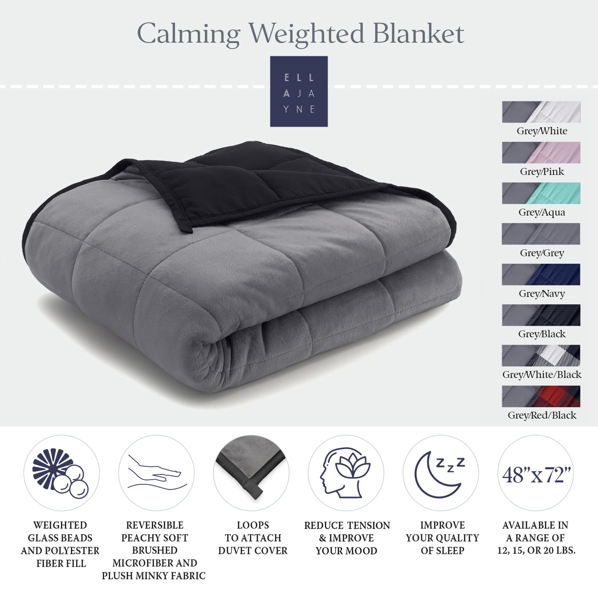 Ella Jayne Luxury Reversible Weighted Blanket for Adults - 15lb Heavy Blanket in Black (Queen, King, Twin Sizes) - Perfect for Stress Relief, Anxiety & Better Sleep