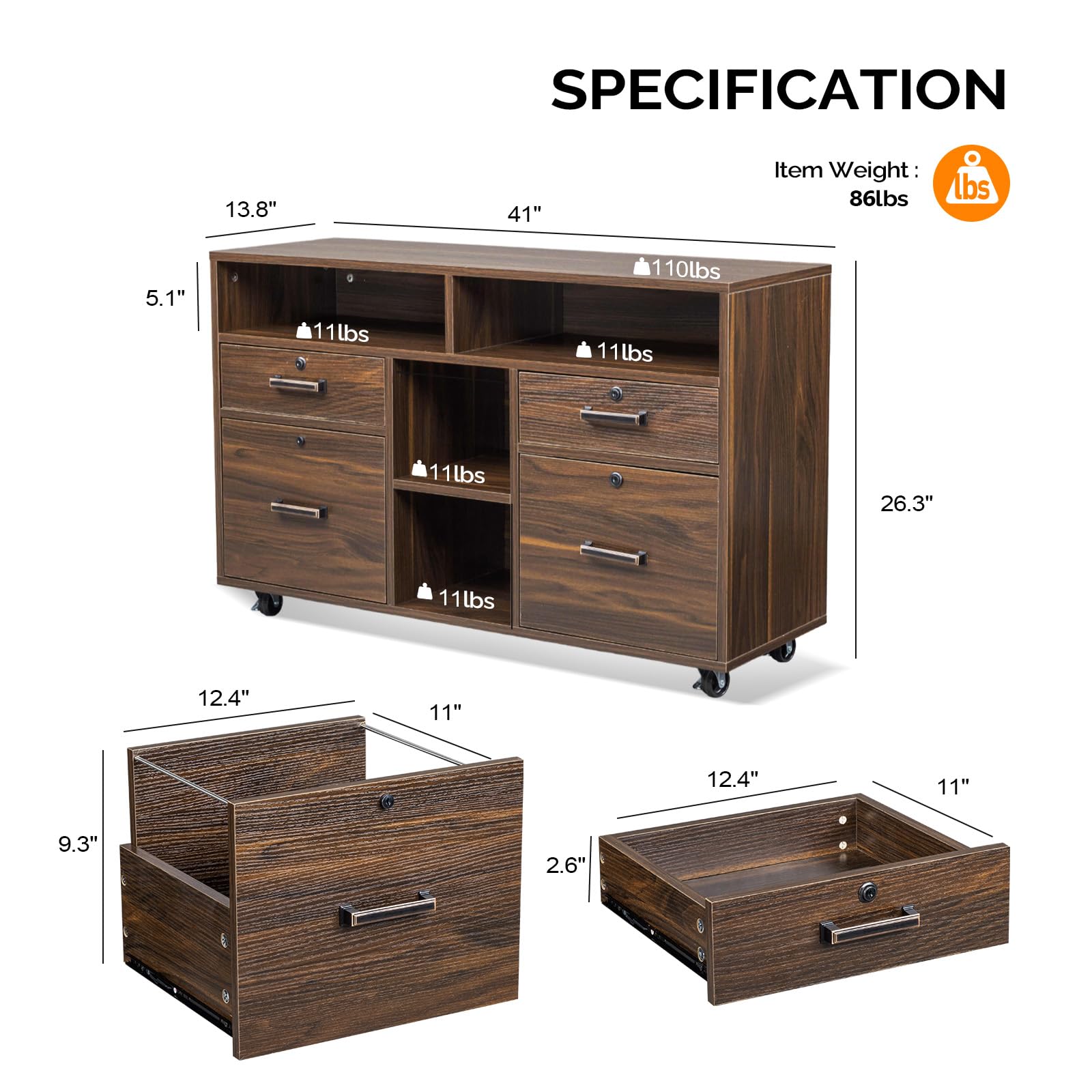 VINGLI 4-Drawer Wood Lateral File Cabinet with Lock & Open Shelves - Lockable Rolling Office Storage for Letter Size Files, Dark Brown - Perfect for Home Office, Printer Stand & Document Organization