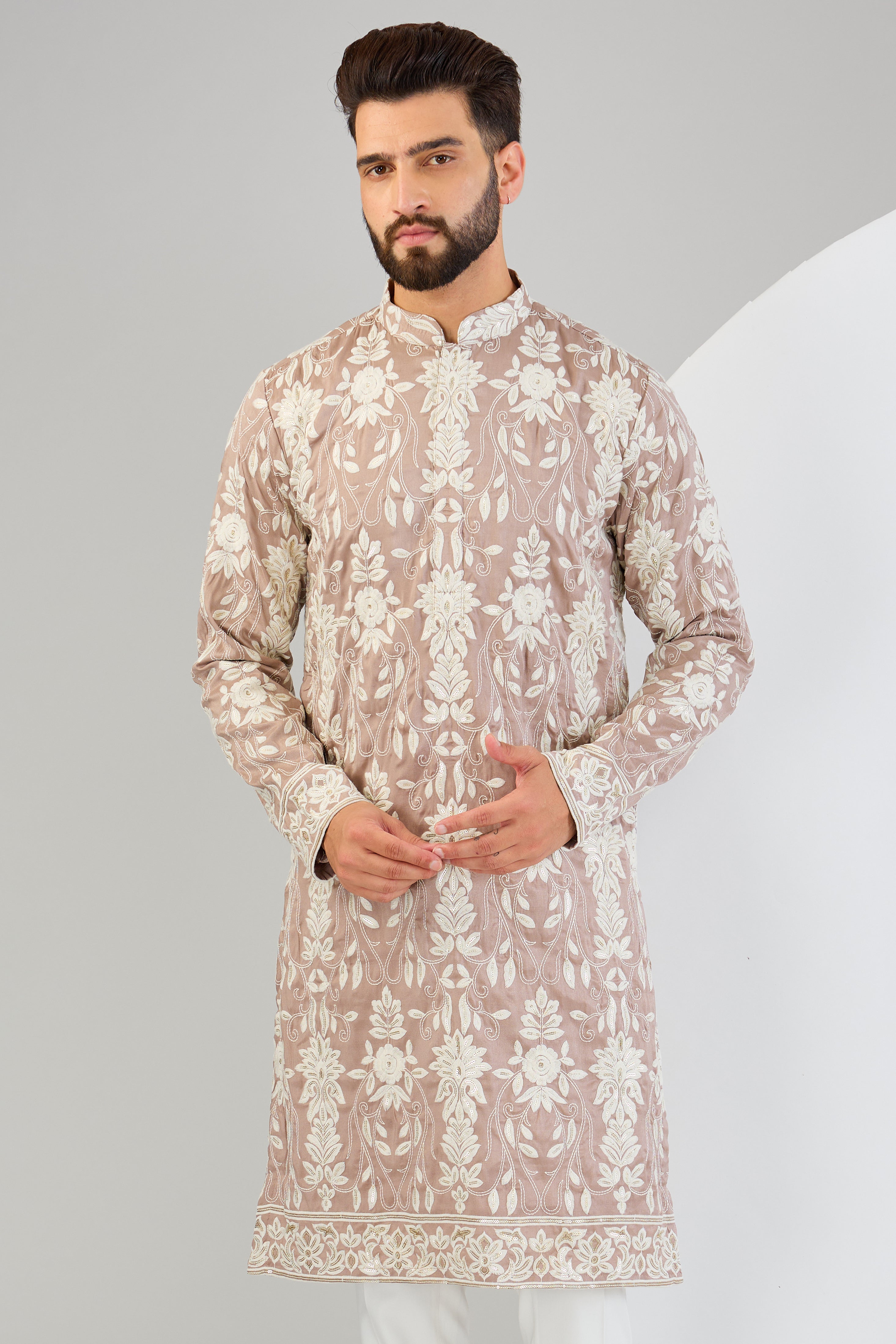 Elegant Mauve Nude Chikankari Kurta with Intricate Sequin & Thread Embroidery - Perfect for Festivals, Weddings & Special Occasions