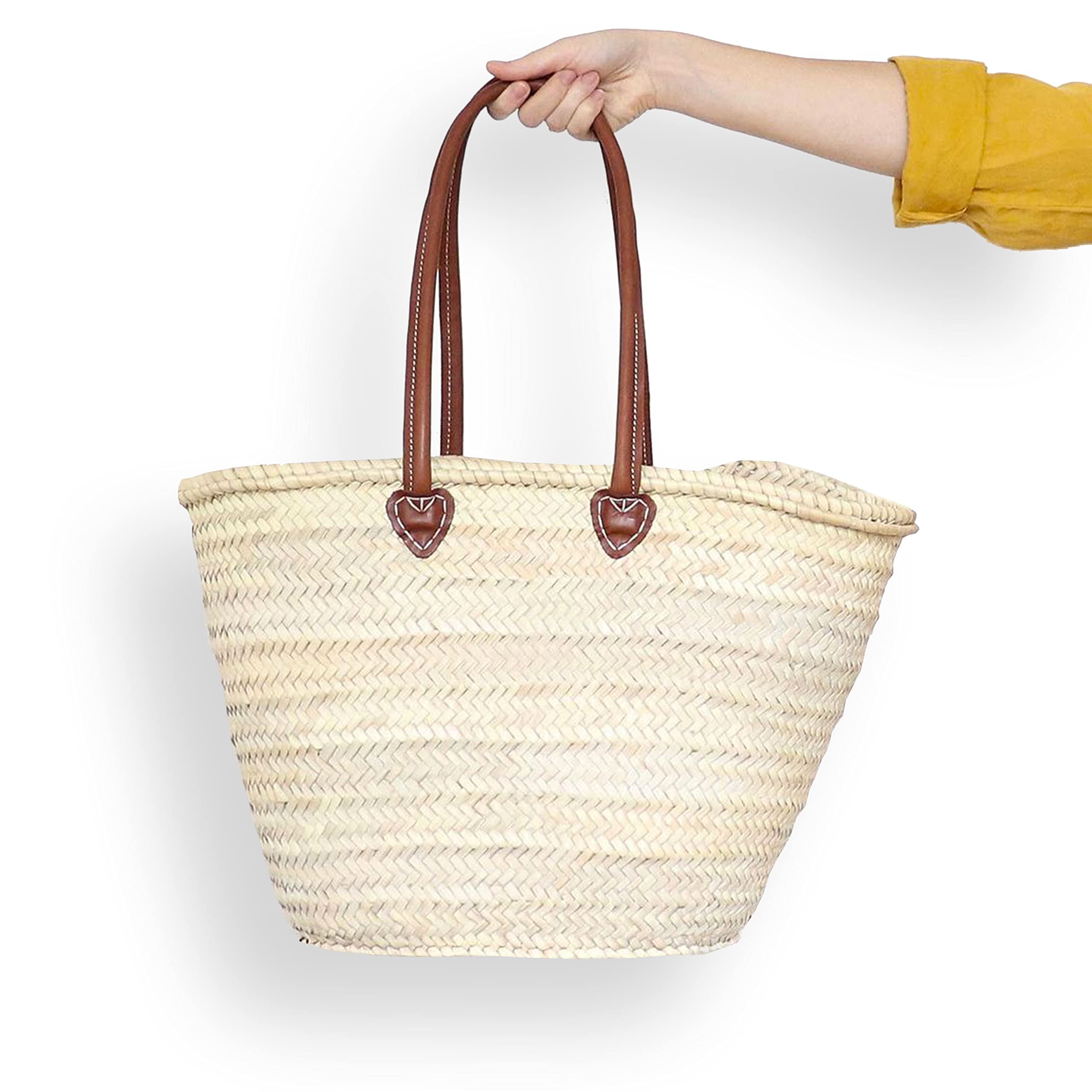 French Straw Basket Bag with Leather Handles - Stylish Beach Tote, Market Shopping Basket & Wicker Handbag for Women | Perfect for Beach Outings, Picnics & Farmers Market Trips