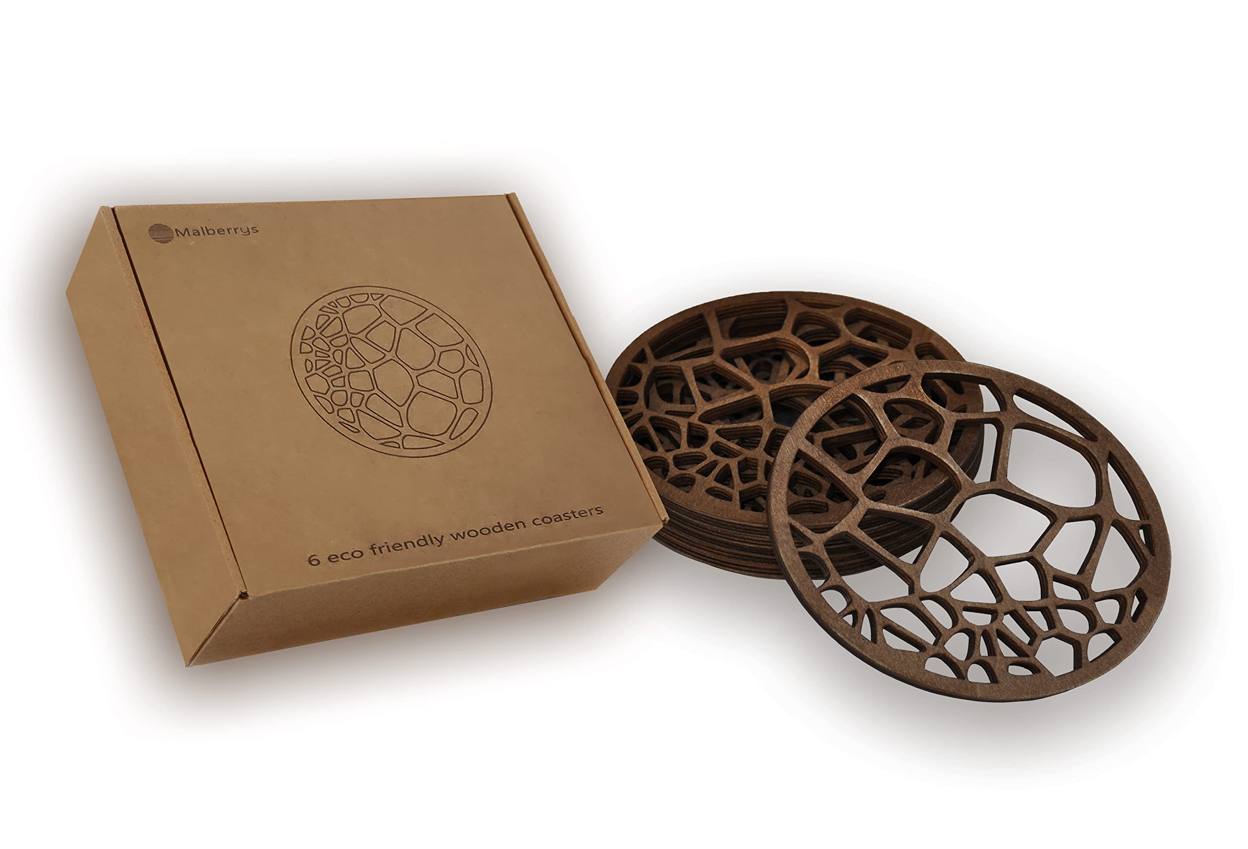 Premium Laser-Cut Wooden Drink Coasters Set of 6 - Natural Wood Coffee Table & Bar Coasters for Hot & Cold Beverages - Unique Home Decor & Tabletop Protection for Dining Room, Office & Outdoor Use