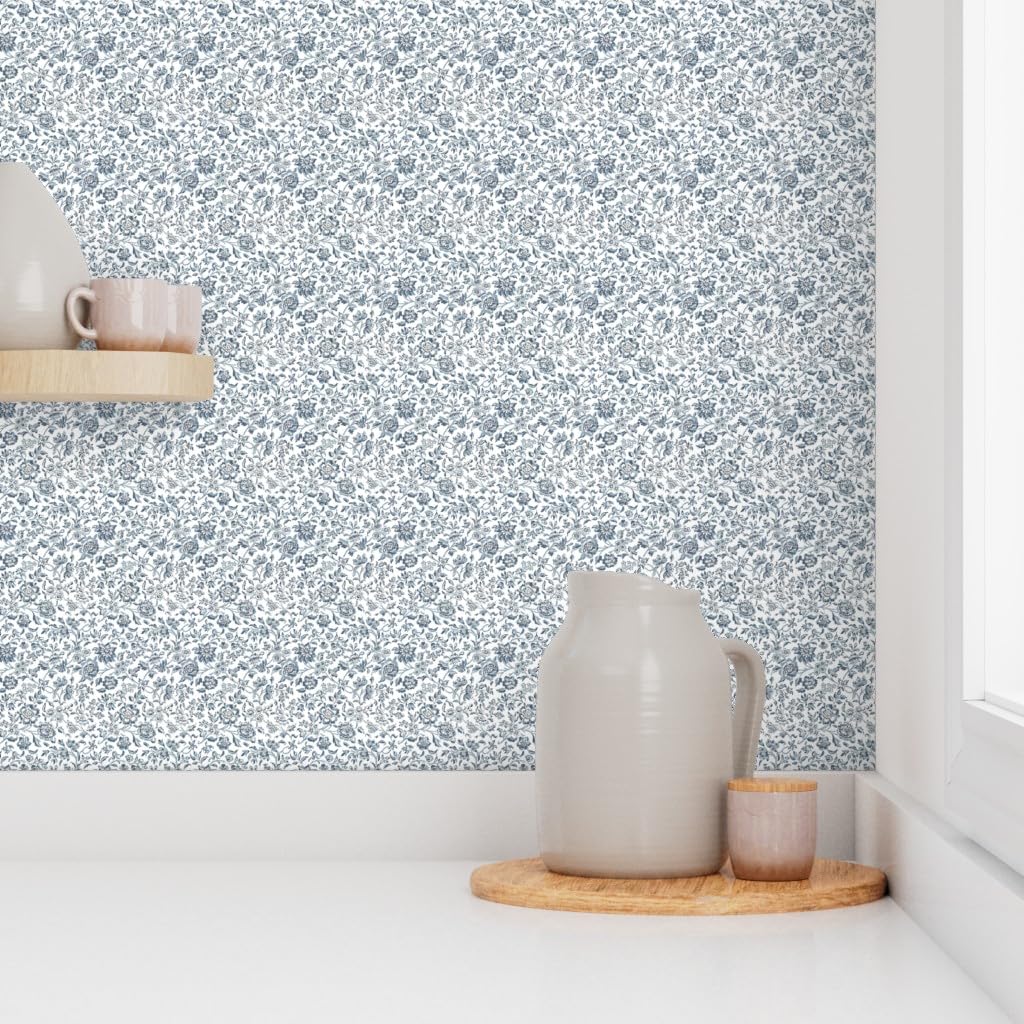 12ft x 2ft Peel & Stick Removable Wallpaper - Blue White Floral Ditsy Print Country Style Home Decor | Perfect for Bedroom, Nursery, Kitchen & DIY Projects