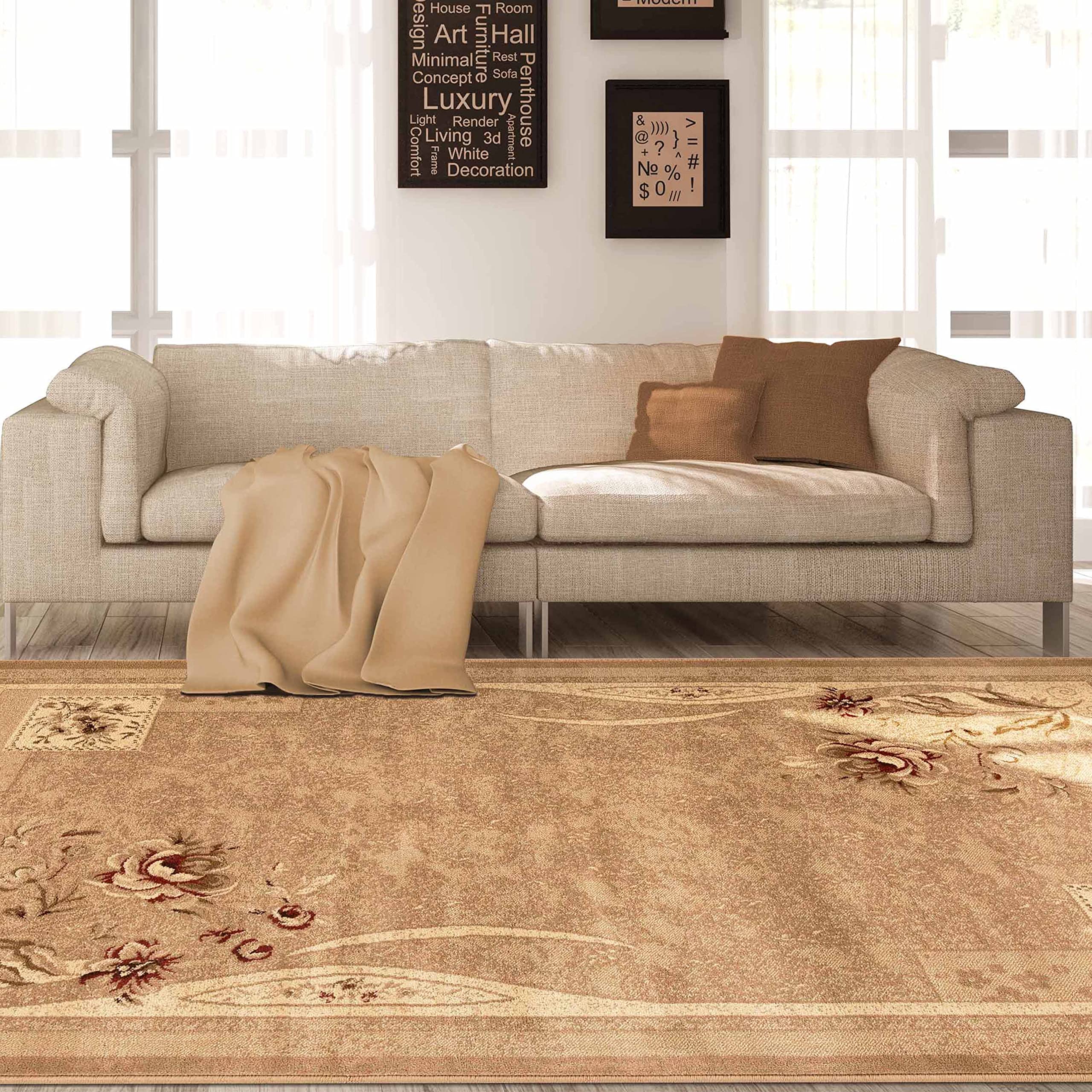 Premium Jute-Backed Plush Area Rug - Modern Farmhouse Floral Design for Living Room, Bedroom, Entryway - Soft & Durable 7' x 9' Brown Indoor Carpet - Perfect for Cozy Home Decor & High-Traffic Areas (Ruban Collection)