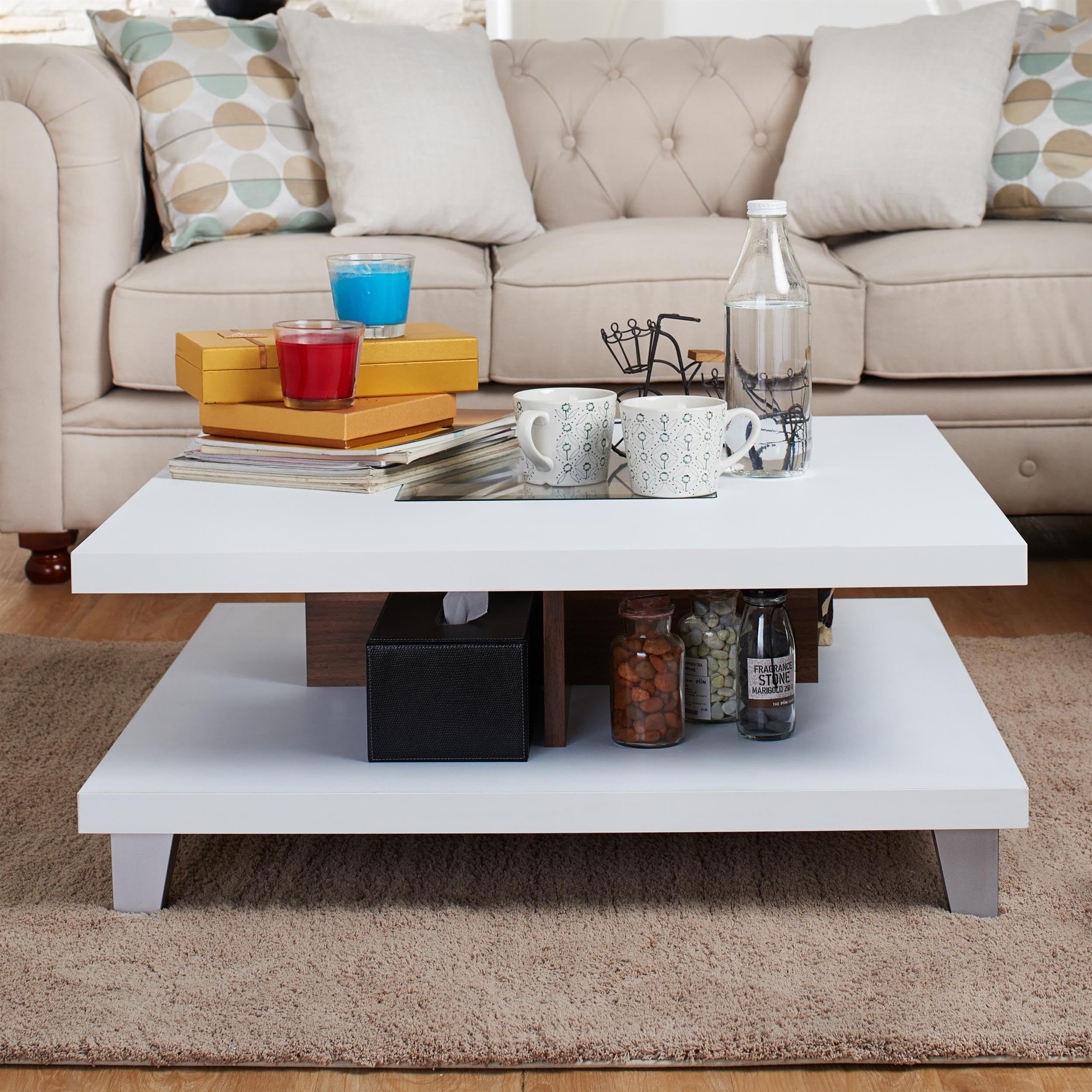 Furniture of America Calloway Solid Wood Square Coffee Table with Storage Shelf - Walnut Finish for Living Room, Lounge & Home Decor
