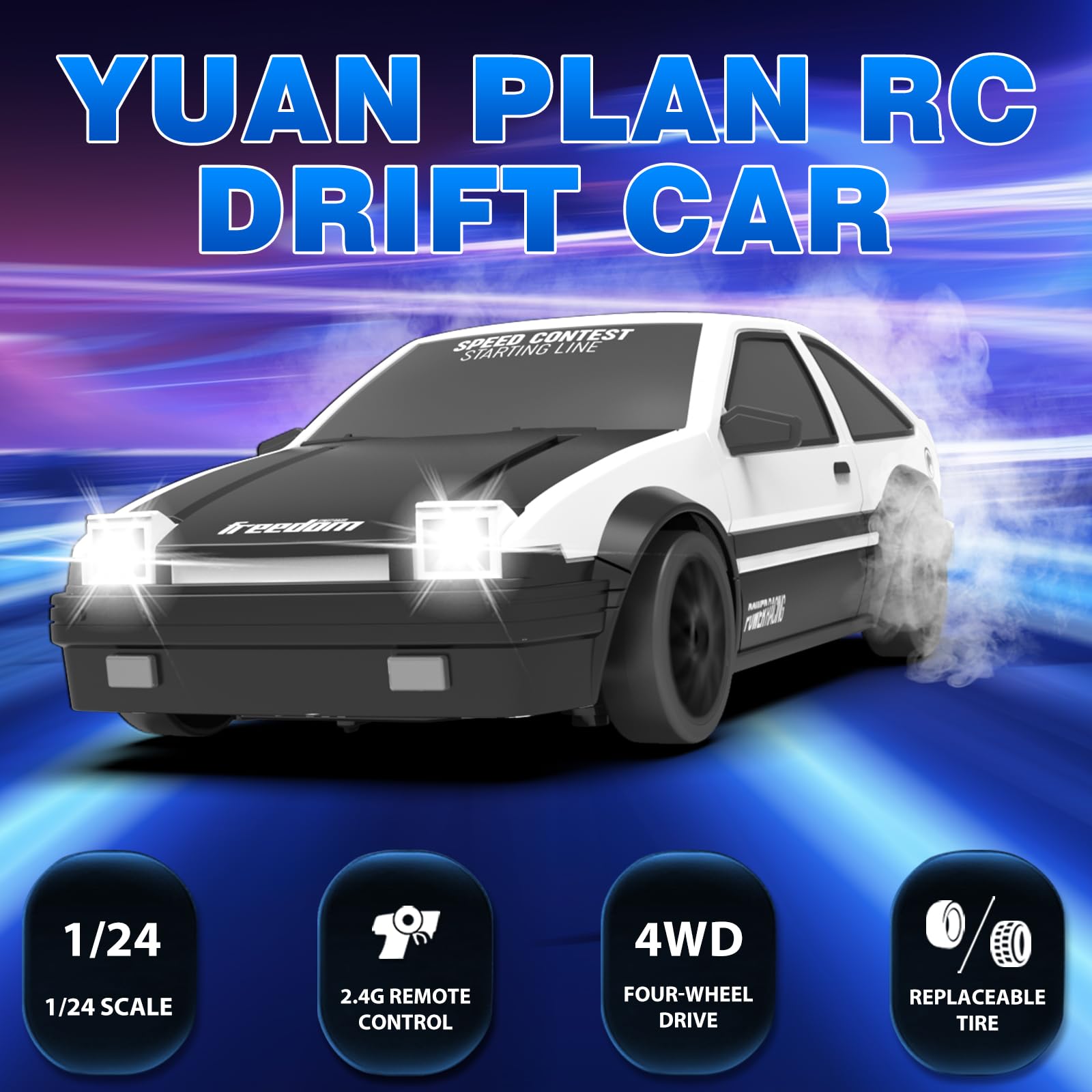 1/24 Scale 2.4GHz 4WD High-Speed Remote Control Drift Racing Car with Cool LED Lights, Rechargeable Battery & Extra Tires - Perfect RC Toy for Kids & Adults - Great for Indoor/Outdoor Drifting, Racing & Stunt Shows (White)