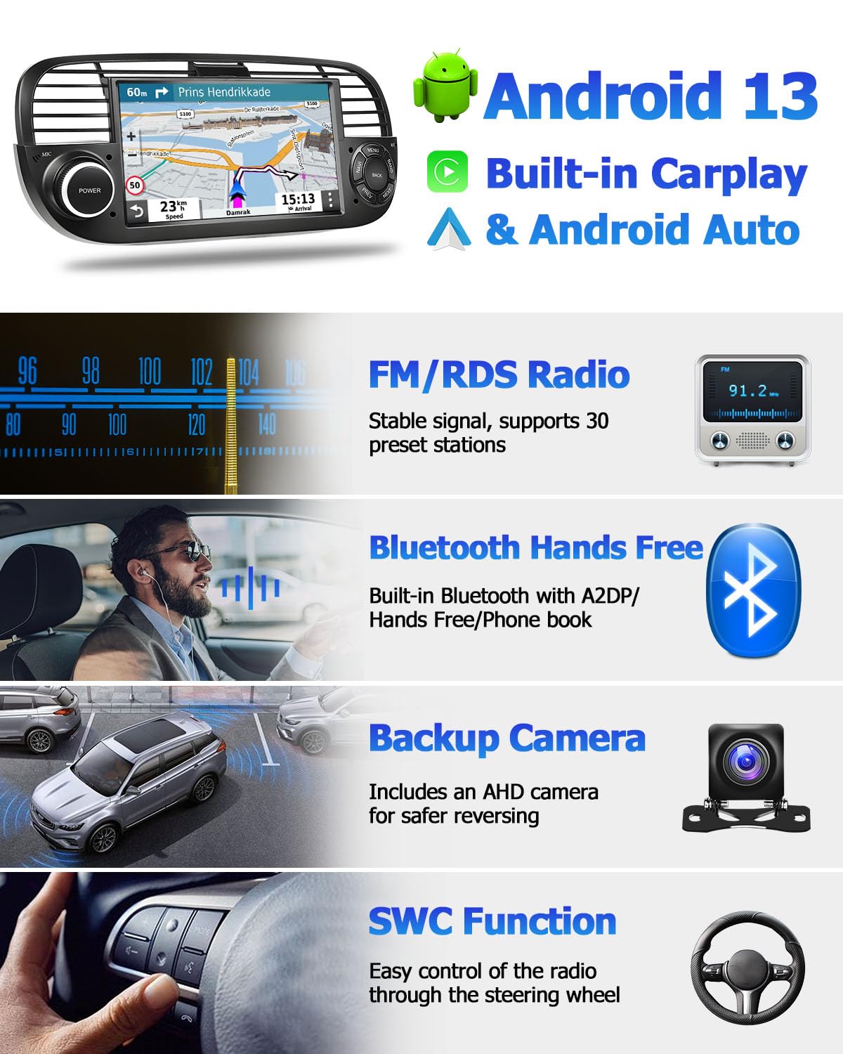 2+64GB Hikity Android 13 Car Stereo for Fiat 500 2007-2015 - 7