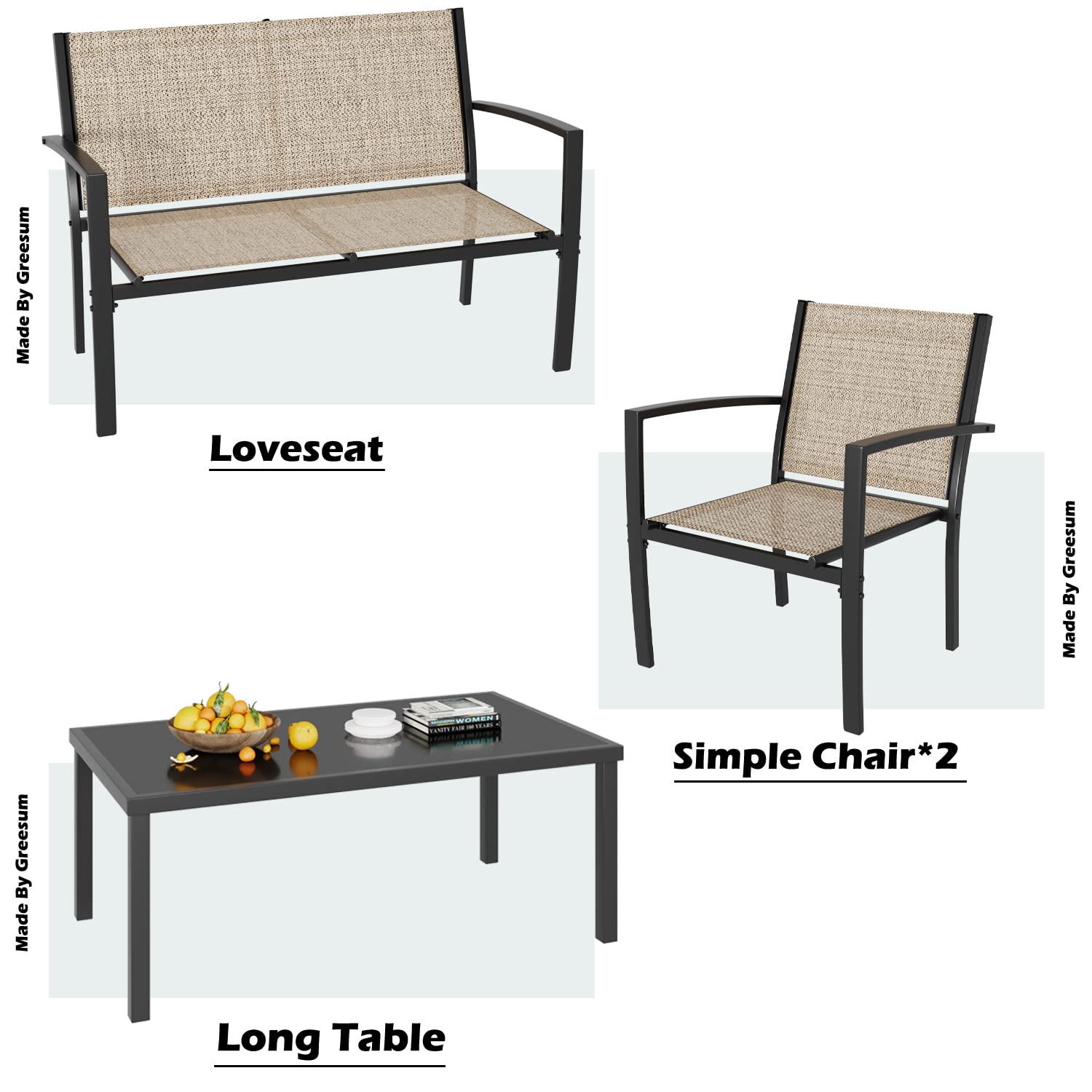 Greesum 4-Piece Outdoor Patio Furniture Set with Glass Coffee Table - Beige Wicker Conversation Set for Garden, Lawn, Poolside & Backyard - Perfect for Relaxing, Entertaining & Outdoor Dining