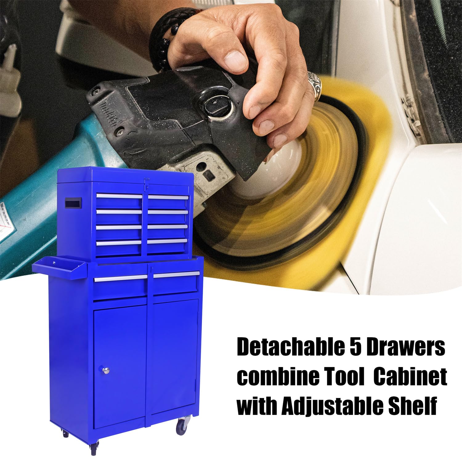 5-Drawer Rolling Tool Chest with Bottom Cabinet & Adjustable Shelf - Heavy Duty High Capacity Tool Storage Organizer with Locking Wheels, Detachable Toolbox - Perfect for Workshop, Garage & DIY Projects (Blue)