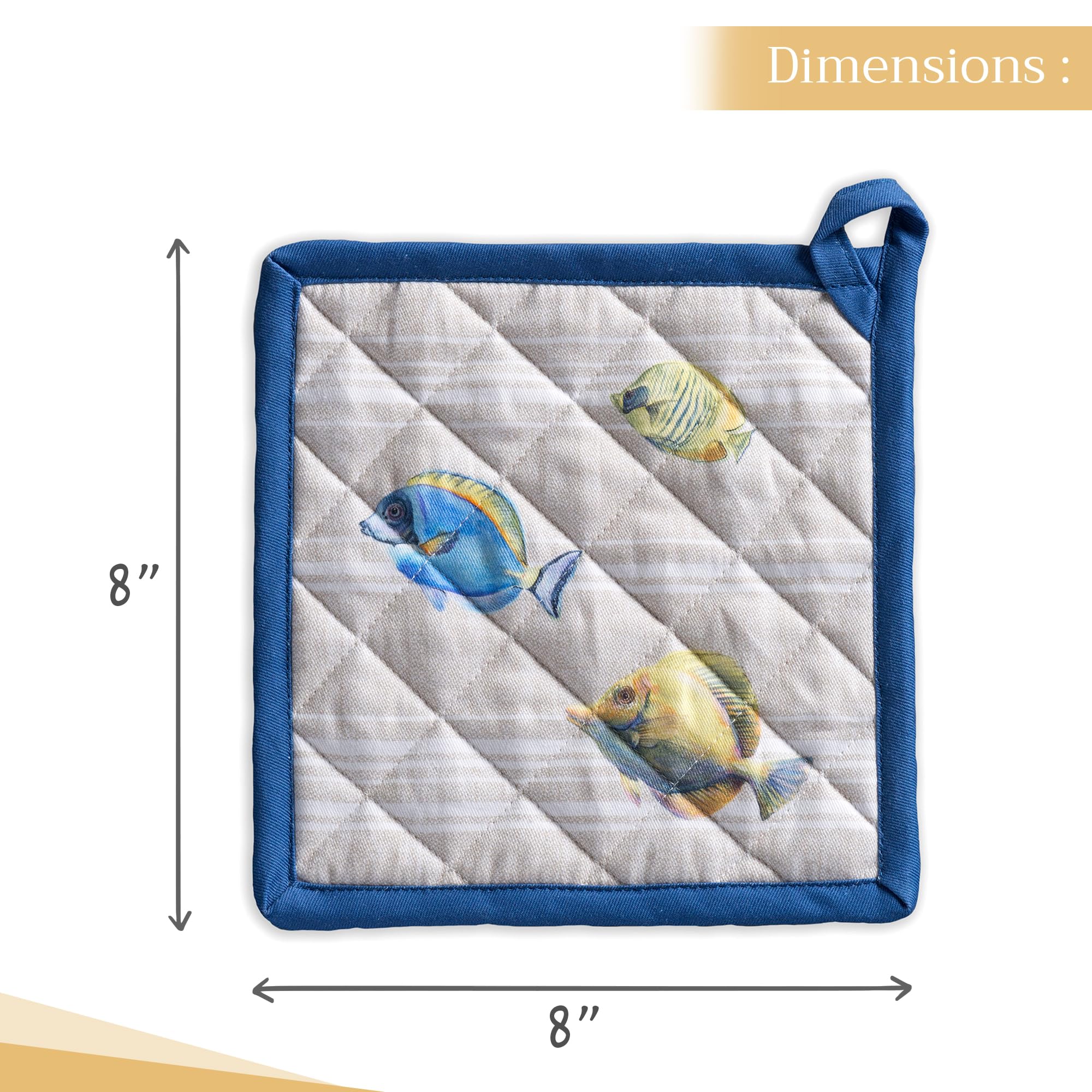Heat Resistant 8x8 Inch Cotton Potholders - 100% Cotton Oven Mitts with Loop for BBQ, Grilling, Baking & Microwave Use - Easter & Spring Kitchen Decor (Poisson Design)
