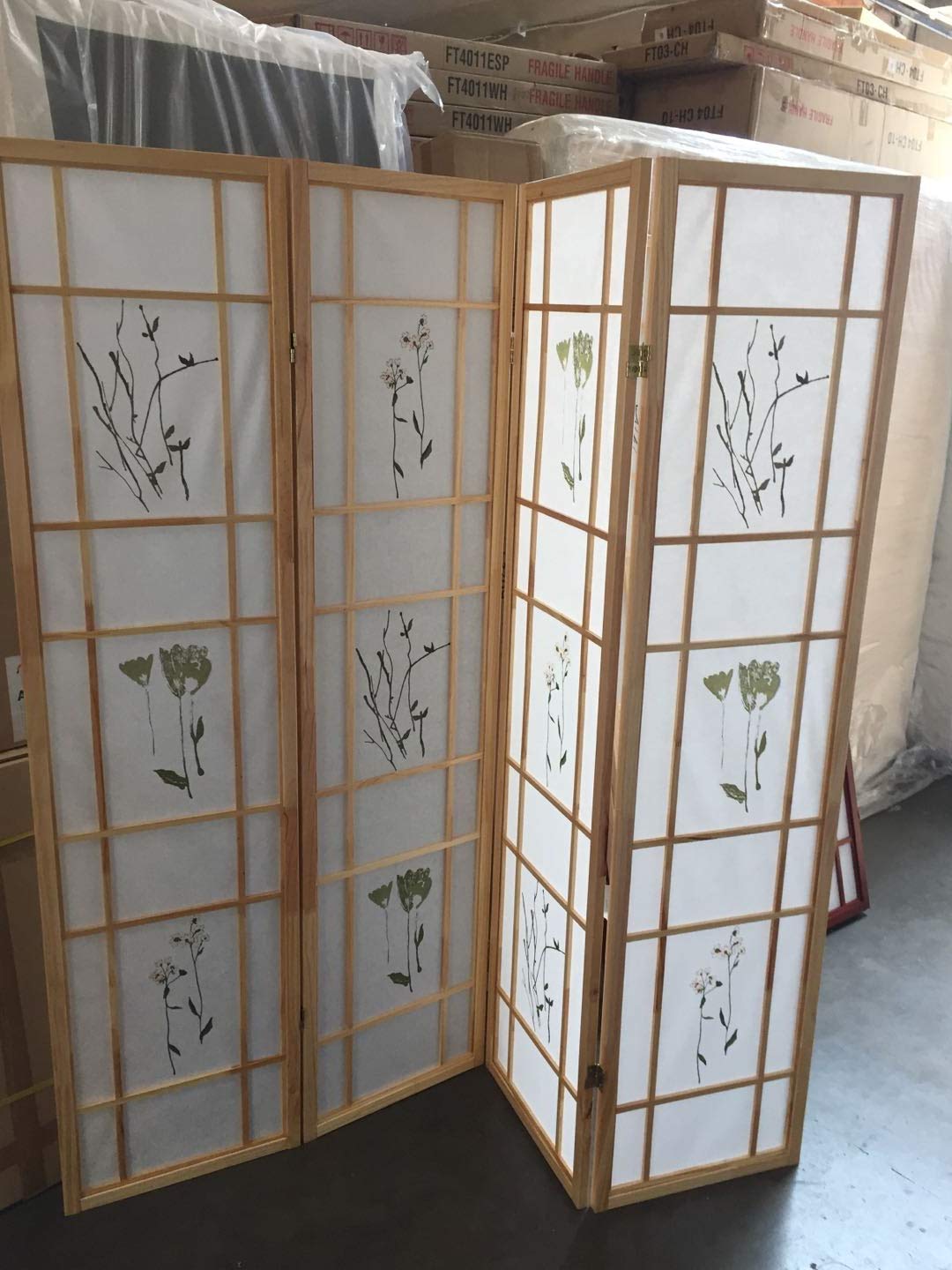4 Panel Room Divider Screen - Natural Wood Folding Privacy Partition with Oriental Floral Design for Home, Office, Bedroom or Dorm Decor