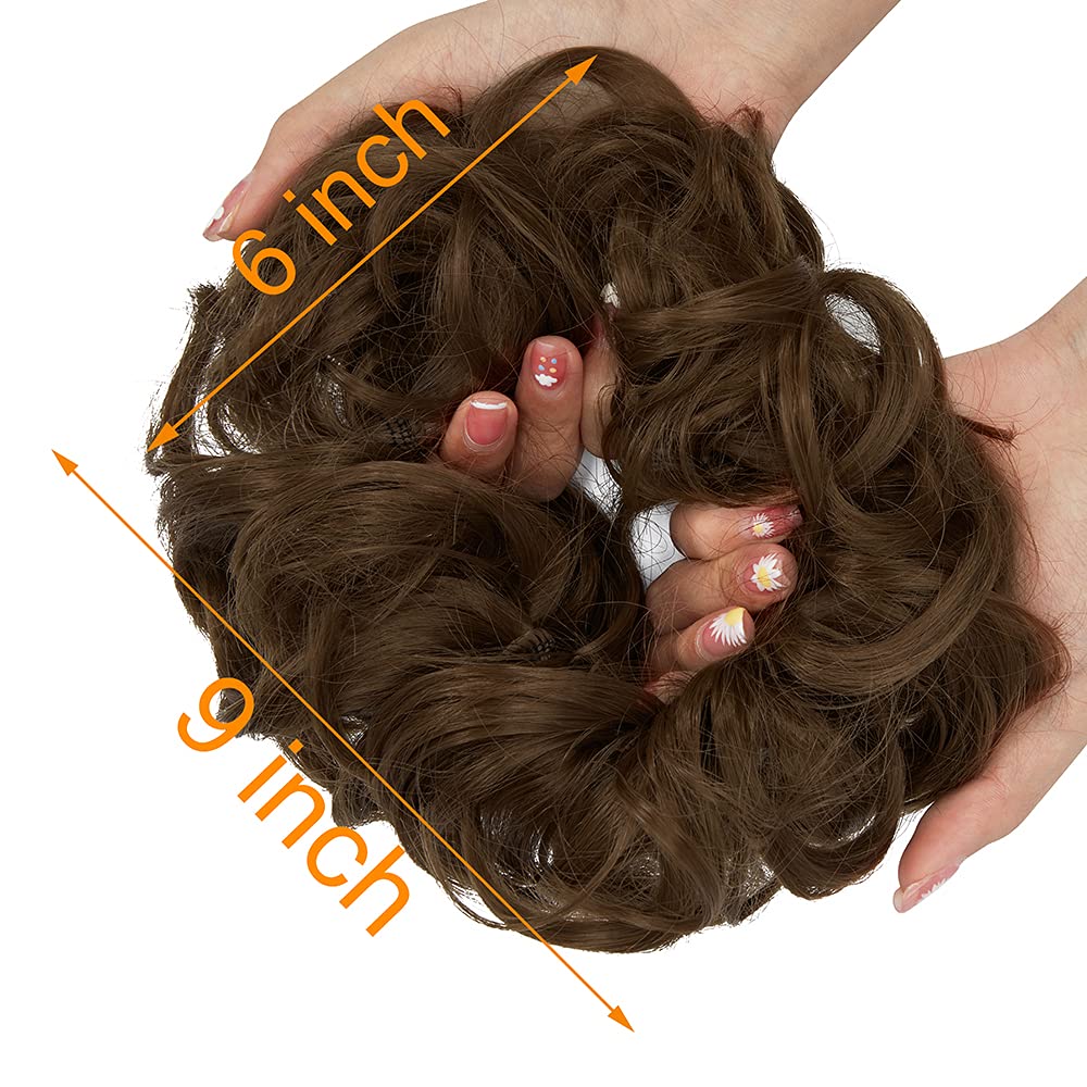OMGREAT 2PCS Thick Messy Bun Hair Extensions - Curly Wavy Ponytail Hairpieces for Women | Light Chestnut Brown | Perfect for Updos, Parties & Everyday Wear