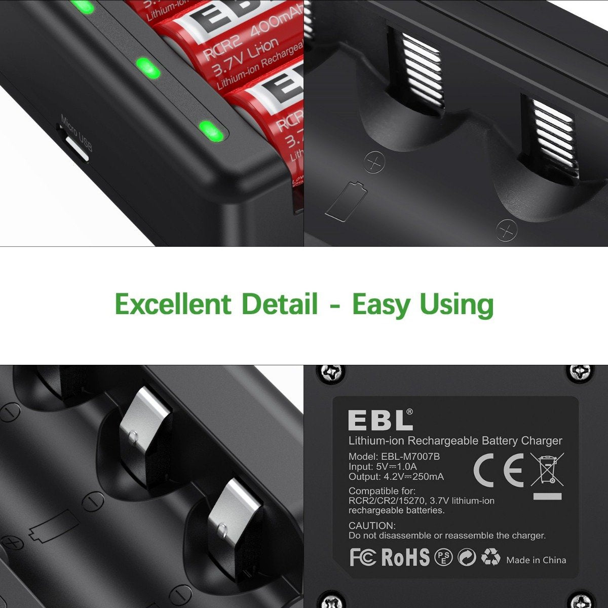 EBL 8 Pack CR2 3.7V Lithium Ion Rechargeable Batteries with Smart Charger - Perfect for Digital Cameras, Flashlights & Medical Devices