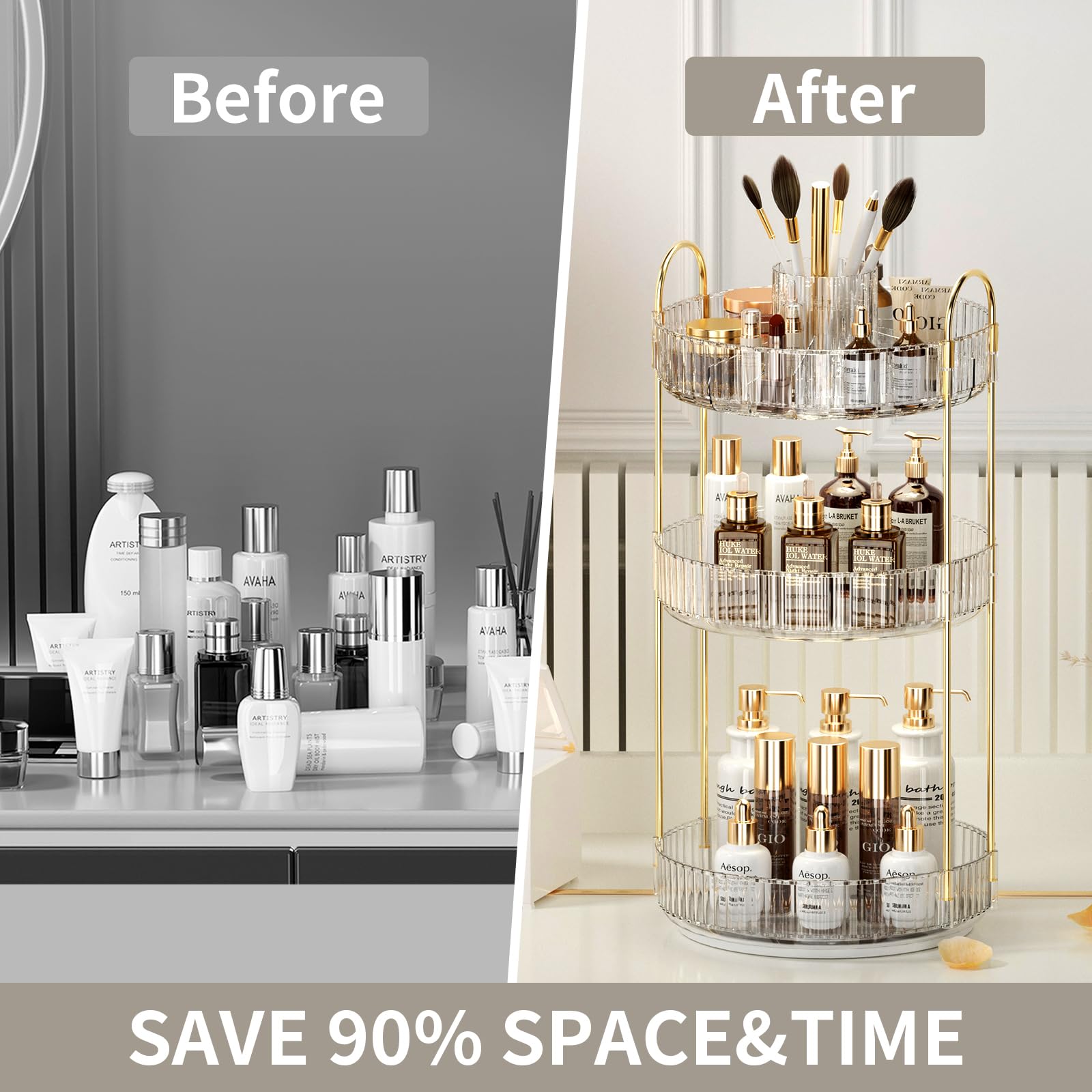 360° Rotating Makeup Organizer with Brush Holder - 3-Tier Large Capacity Cosmetic Storage for Skincare, Perfume & Beauty Products - Perfect for Bedroom Vanity, Bathroom Countertop & Dresser Organization (White) - Ideal for Daily Makeup Routine & Travel Storage
