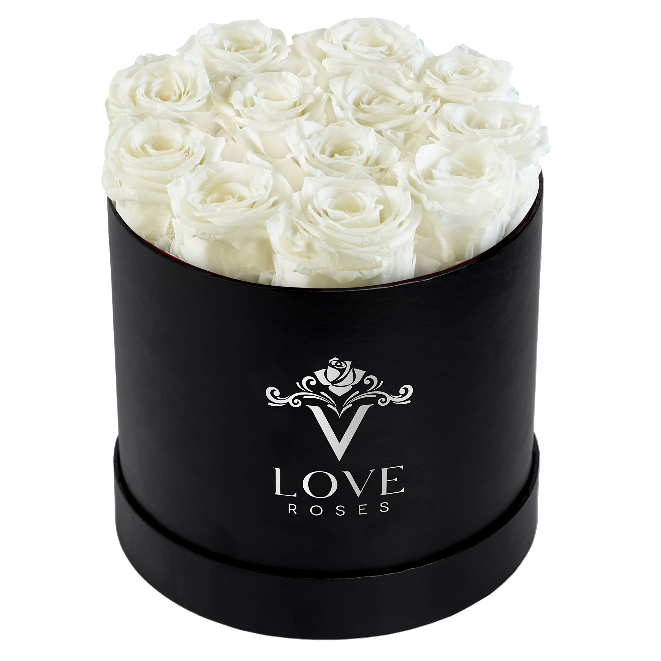 VLove® 12 Forever Preserved Roses in Luxury Gift Box - Real Roses That Last 1 Year | Zero Maintenance Eternal Flowers | Perfect Anniversary, Valentine's Day & Wedding Gift for Her | Elegant White Roses in Black Display Box for Home Decor & Romantic Surprises