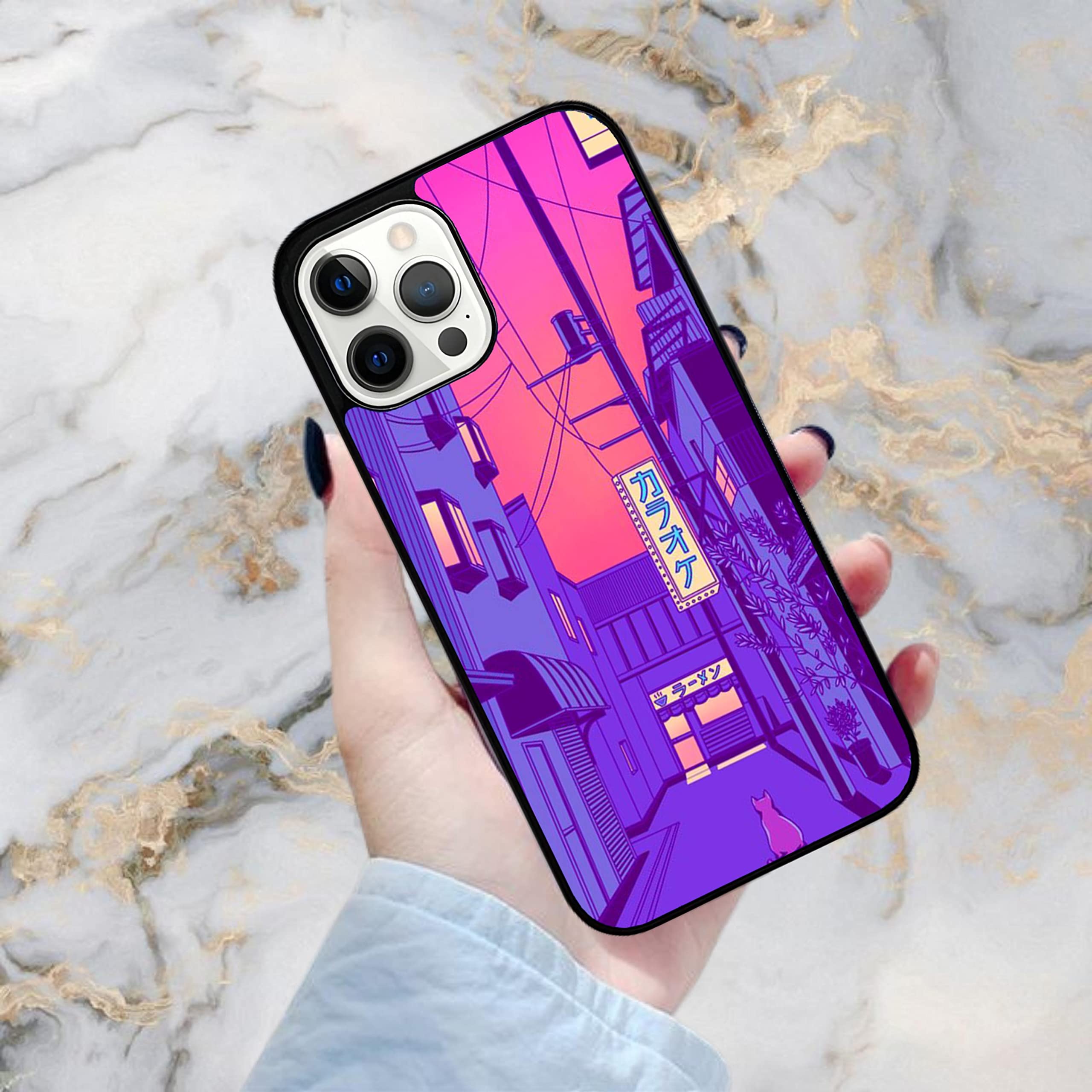 Japanese City Dark Aesthetic Vaporwave Anime iPhone 13 Pro Case - Durable Shockproof Slim TPU Rubber Cover with Non-Slip Grip - Perfect for Anime Fans & Urban Fashion Enthusiasts