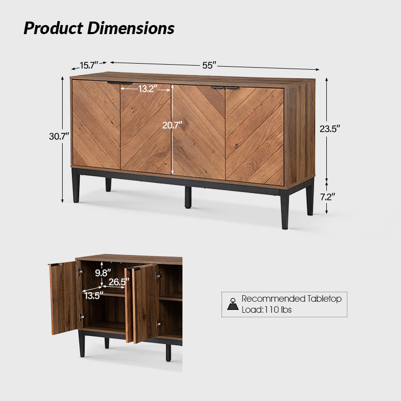 Mila 55 Inch Wide 4 Door Sideboard with Storage - Modern Buffet Cabinet for Dining Room, Living Room & Entryway Organization