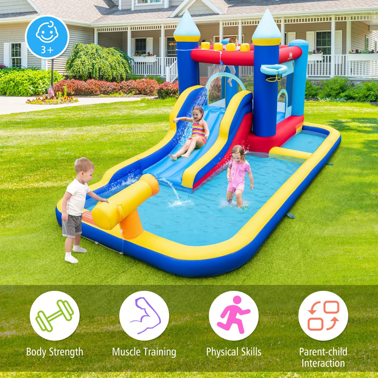 **HONEY JOY Inflatable Water Slide for Kids - Giant Bounce House, Water Park, Ball Pit & Splash Pool - Outdoor Blow Up Castle for Boys & Girls (Includes 735W Blower) - Perfect for Backyard Parties, Summer Fun & Outdoor Play**