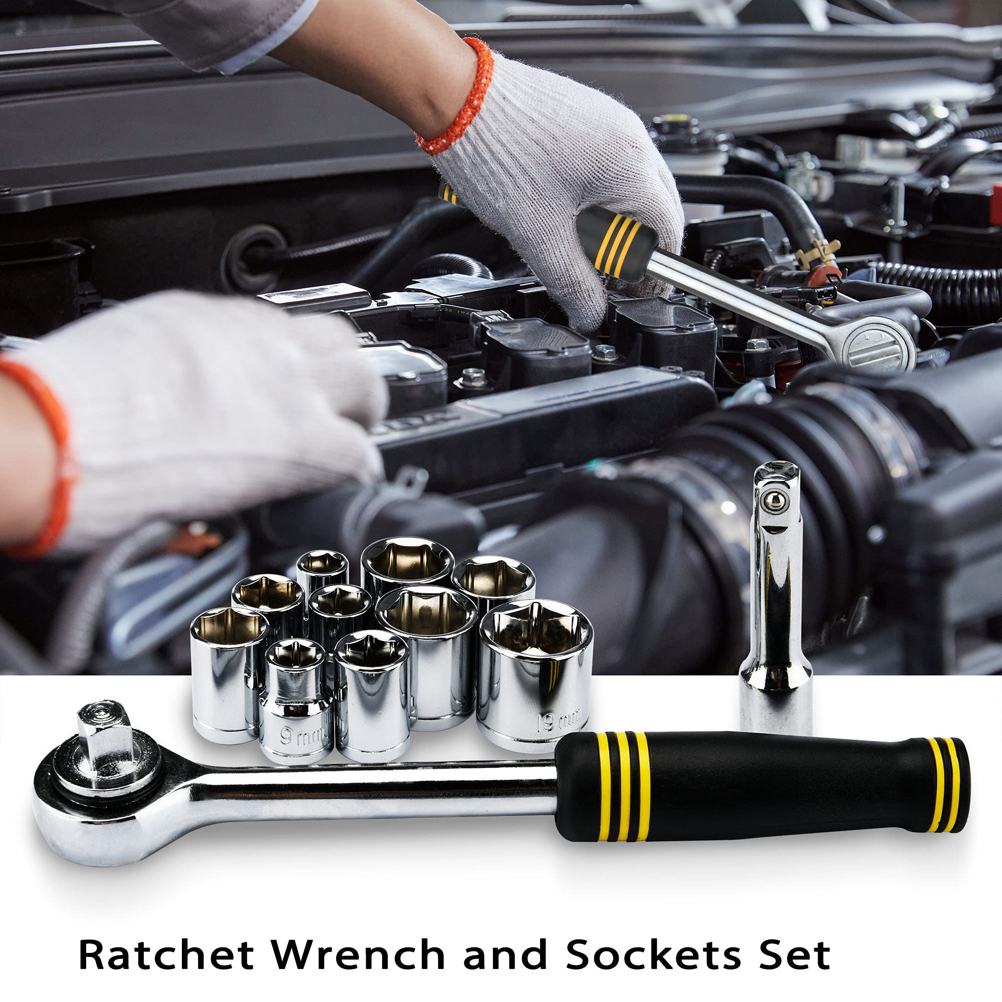 DOWELL 61-Piece Mechanic Tool Set with Socket Wrench - Complete Auto & Household Repair Kit in Durable Plastic Toolbox | Perfect for DIY Projects, Car Maintenance & Home Improvements