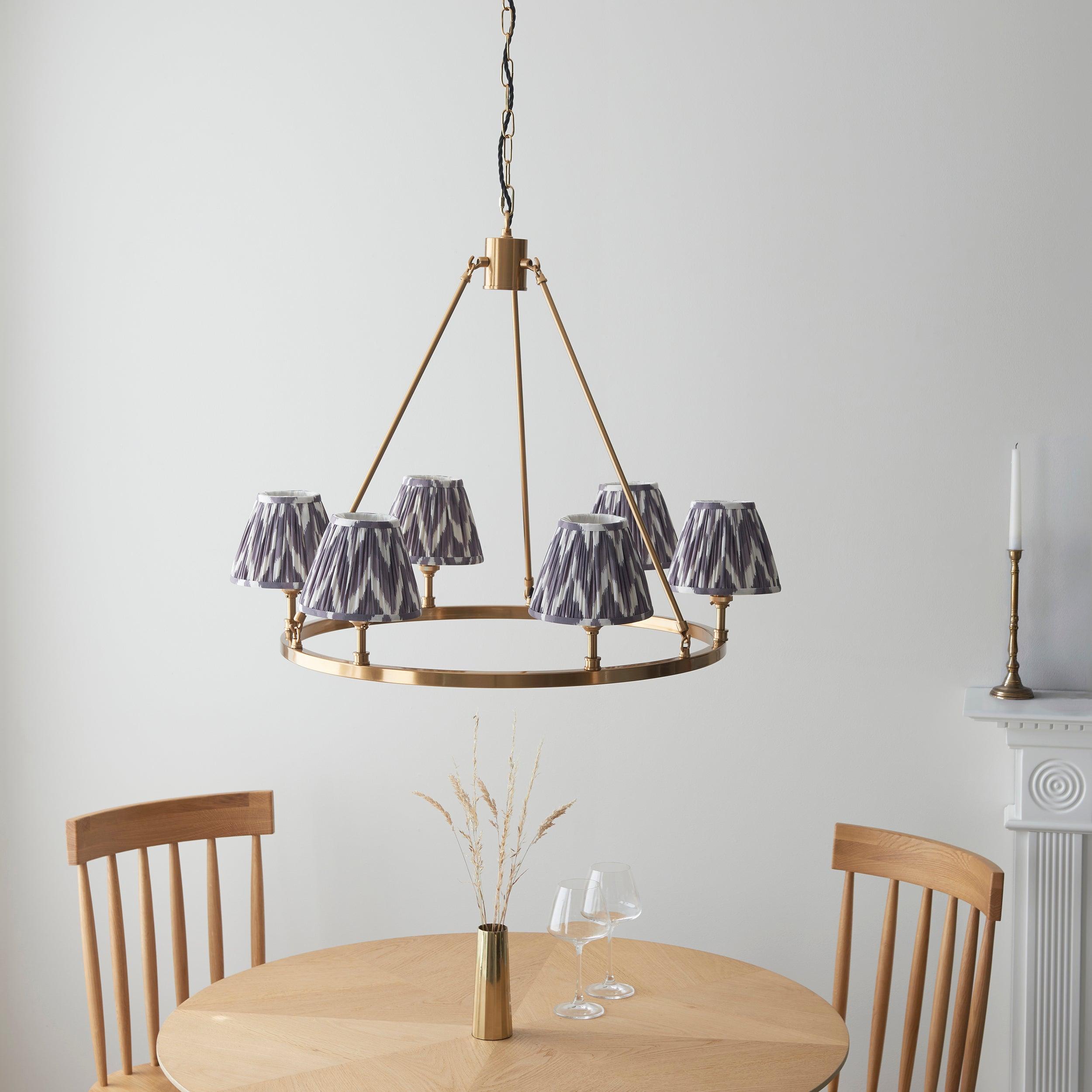 Chester Large Brass Ceiling Pendant Light with Grey Zigzag 16cm Shades - Vintage Industrial Lighting for Dining Room, Kitchen Island & Bedroom