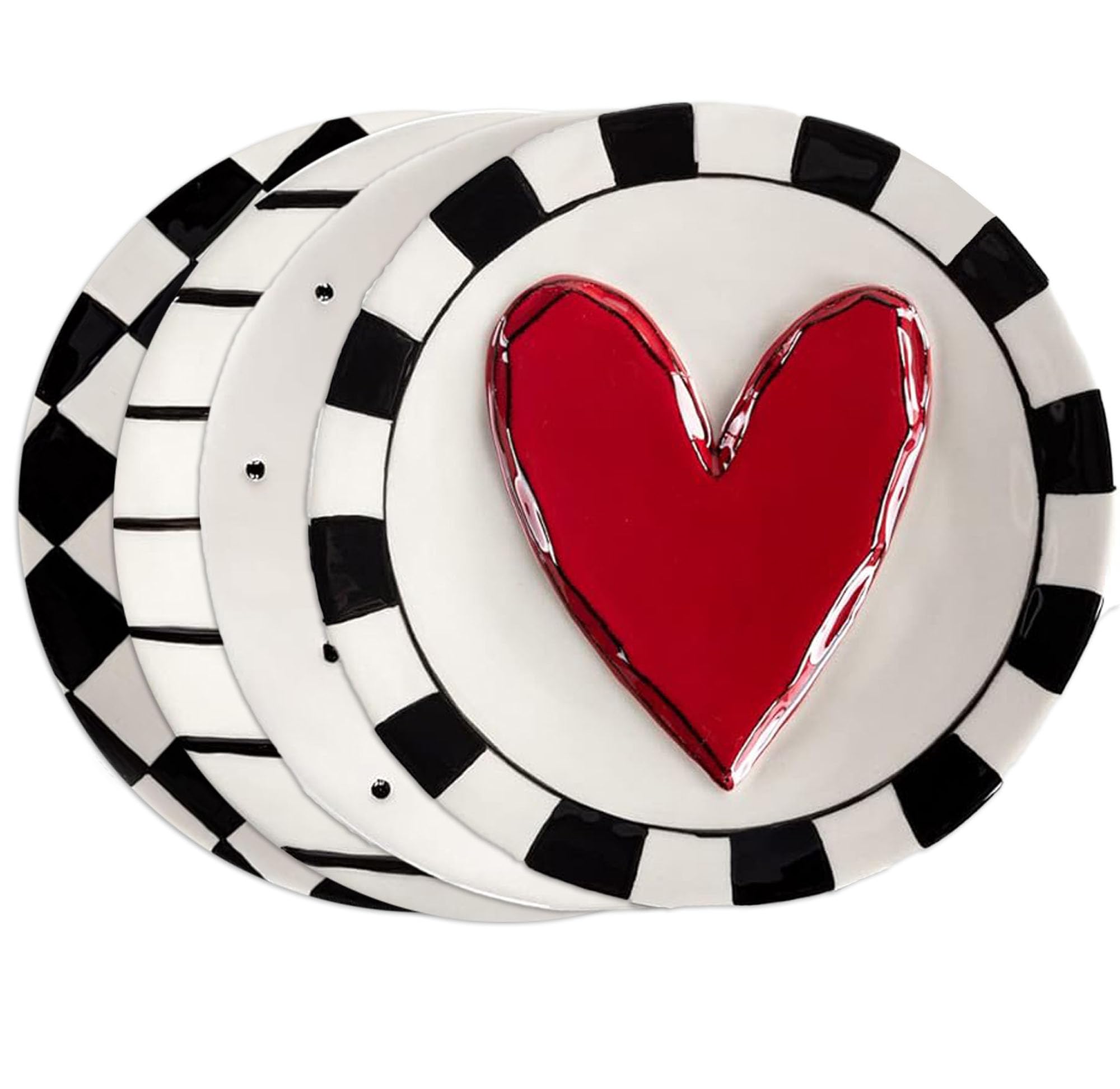 DEMDACO 6.5 Inch Stoneware Appetizer Plates Set of 4 - Elegant Black and Red Heart Design for Dinner Parties, Valentine's Day & Romantic Date Nights