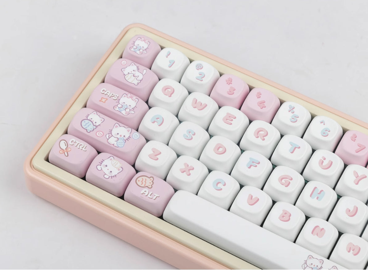 Pink MOA High MAC Heat Sublimation Custom Keycap Set - Cute Kitten Eating Fish Design for Mechanical Keyboards | Perfect for Gaming, Typing & Office Use