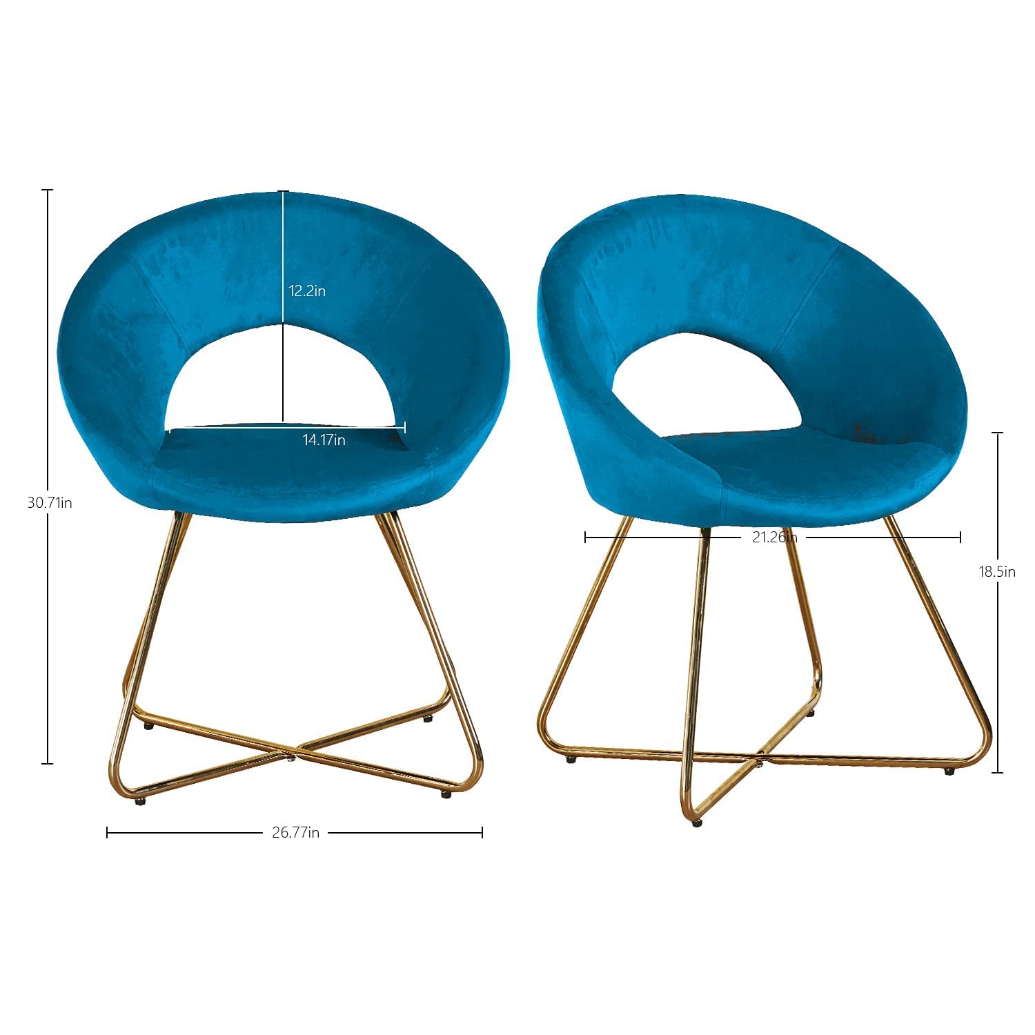 Modern Velvet Accent Chairs Set of 2 - Mid Century Upholstered Armchairs with Golden Legs for Living Room, Dining Room & Lounge - Blue Comfy Leisure Chairs for Home Decor, Reading Nook & Coffee Corner