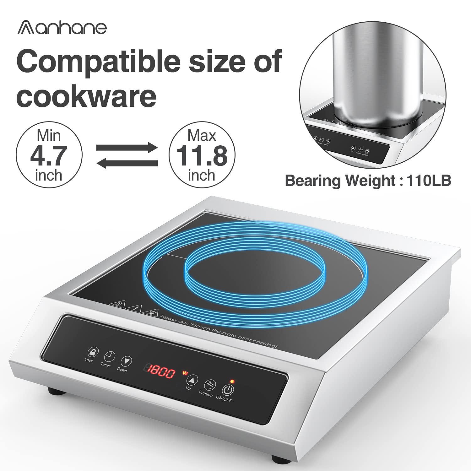 ANHANE 1800W Portable Induction Cooktop - Commercial Countertop Burner with 9 Temp Levels, 3-Hour Timer, Auto Shut-Off & Child Safety Lock - Perfect for Home Kitchen, Dorm Cooking, RV Travel & Outdoor Camping