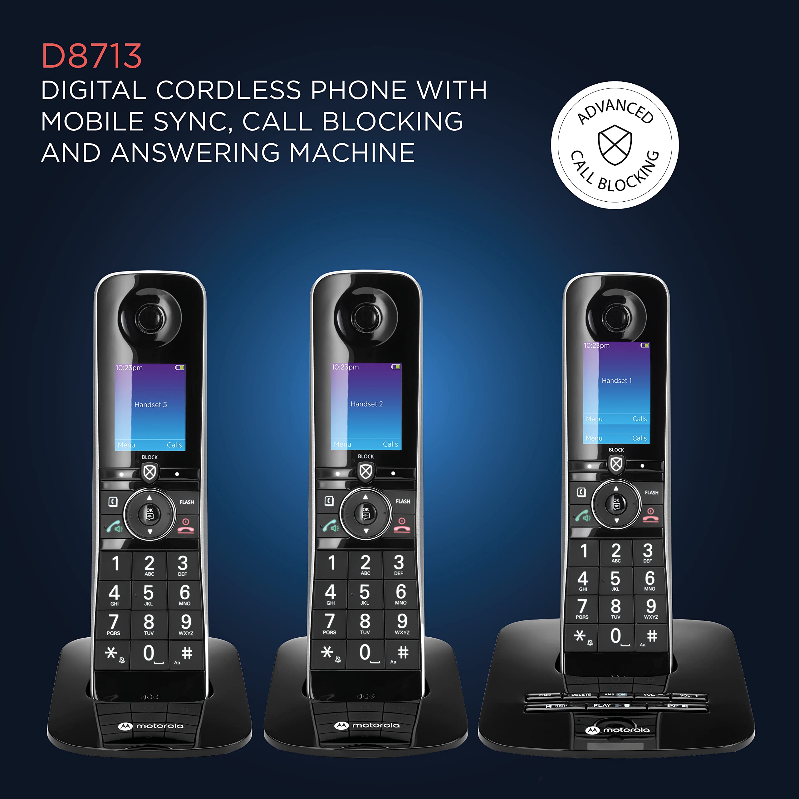 Motorola D8713 Cordless Phone System with 3 Digital Handsets, Bluetooth Connectivity, Caller ID, Call Block & Answering Machine - Black | Ideal for Home & Small Business Office Use
