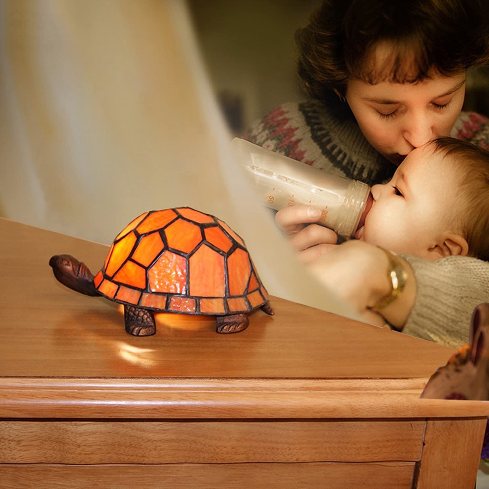 Kids Night Light - Tortoise/Turtle Shaped Tiffany Stained Glass Bedside Lamp with E27 Socket, Orange - Perfect for Nursery, Bedroom Decor & Children's Gift Ideas